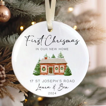 New Home Ornament, Christmas Wreath Ornament, Ceramic New Home Ornament, Personalized First Christmas New Home Ornament, Custom Ceramic Keepsake with Address, Names & Year, 3x3 Inch Christmas Decoration CX02-13 - Kindlytoys