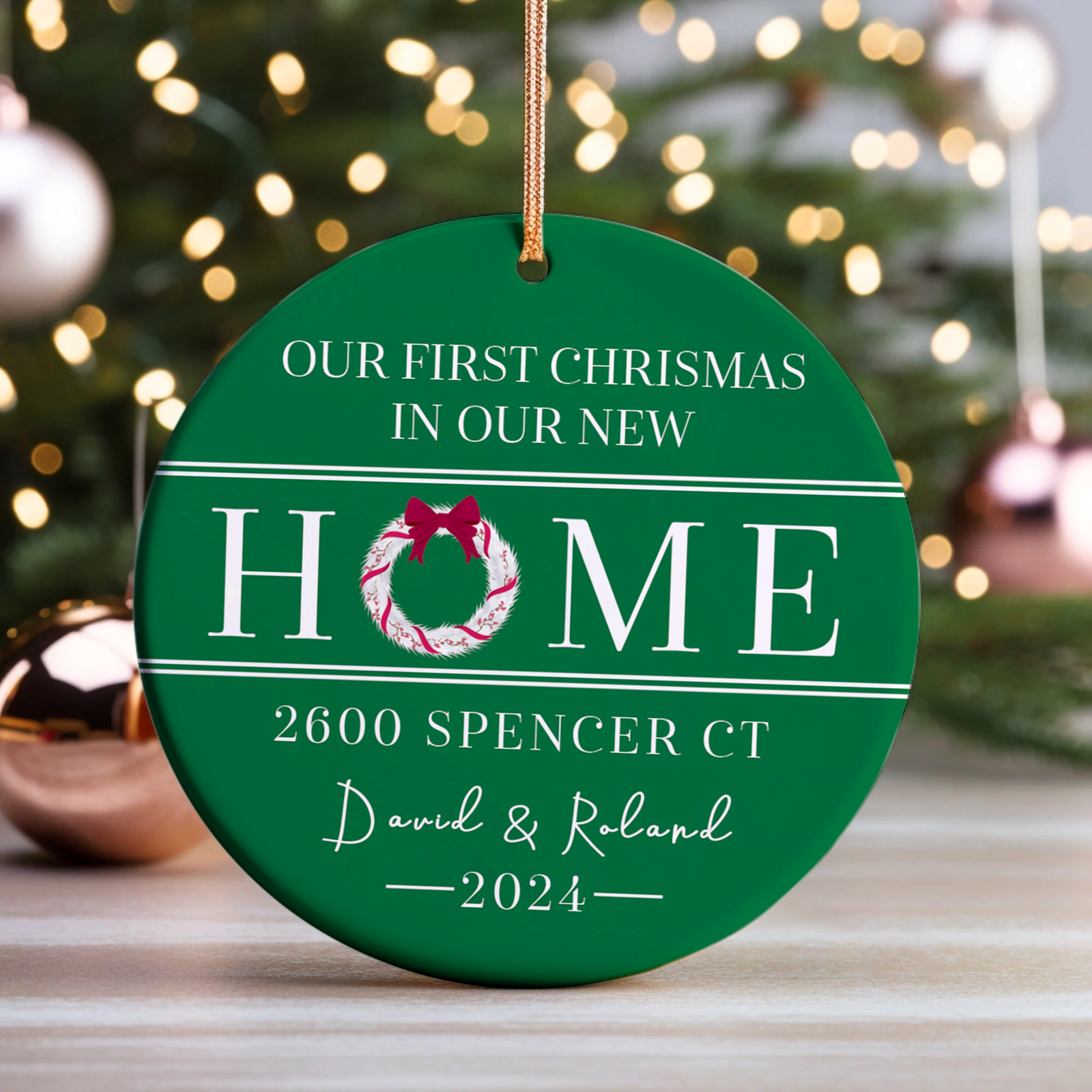 New Home Ornament, Christmas Wreath Ornament, Ceramic New Home Ornament, Personalized First Christmas New Home Ornament, Custom Ceramic Keepsake with Address, Names & Year, 3x3 Inch Christmas Decoration CX02-8 - Kindlytoys