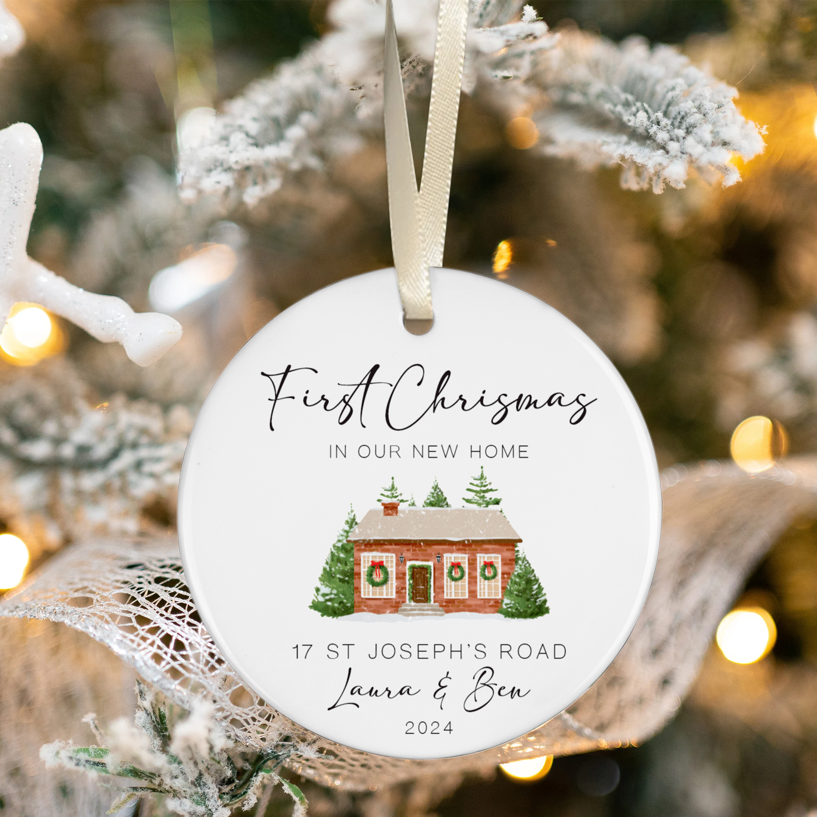New Home Ornament, Christmas Wreath Ornament, Ceramic New Home Ornament, Personalized First Christmas New Home Ornament, Custom Ceramic Keepsake with Address, Names & Year, 3x3 Inch Christmas Decoration CX02-13 - Kindlytoys