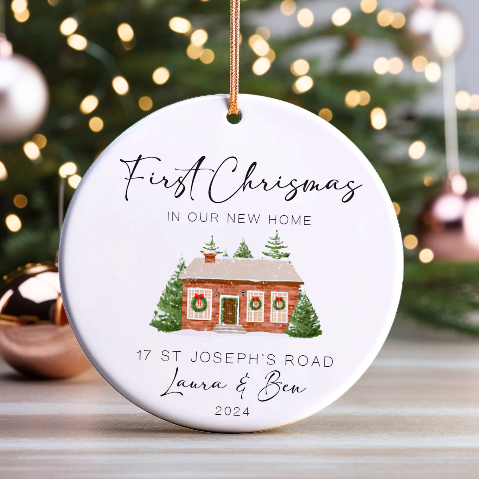 New Home Ornament, Christmas Wreath Ornament, Ceramic New Home Ornament, Personalized First Christmas New Home Ornament, Custom Ceramic Keepsake with Address, Names & Year, 3x3 Inch Christmas Decoration CX02-13 - Kindlytoys