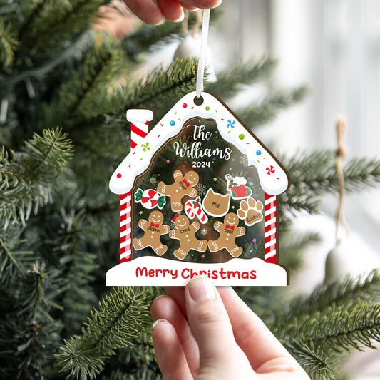 Personalized Family Ornaments With Pets, 4D Shaker Ornament with Gingerbread Family and Pets Family Ornament CF119