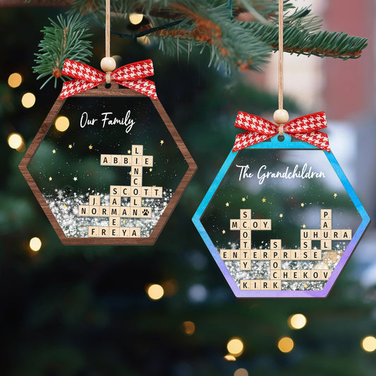 Personalized Family Crossword Shaker 4D Ornament, Family Name Christmas Ornament CF593