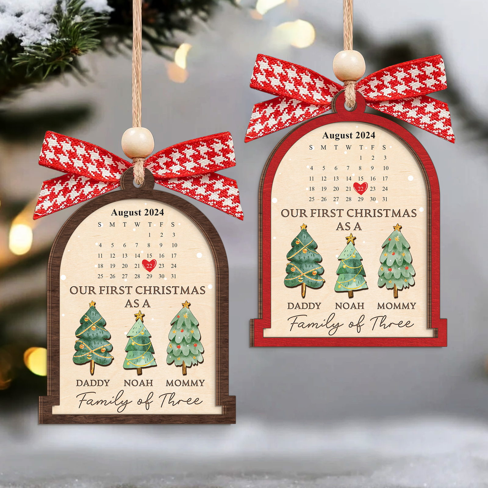 Personalized Family Of Three Christmas Ornament, Baby's First Christmas Ornament Wooden 2 Layers CF504 - Kindlytoys