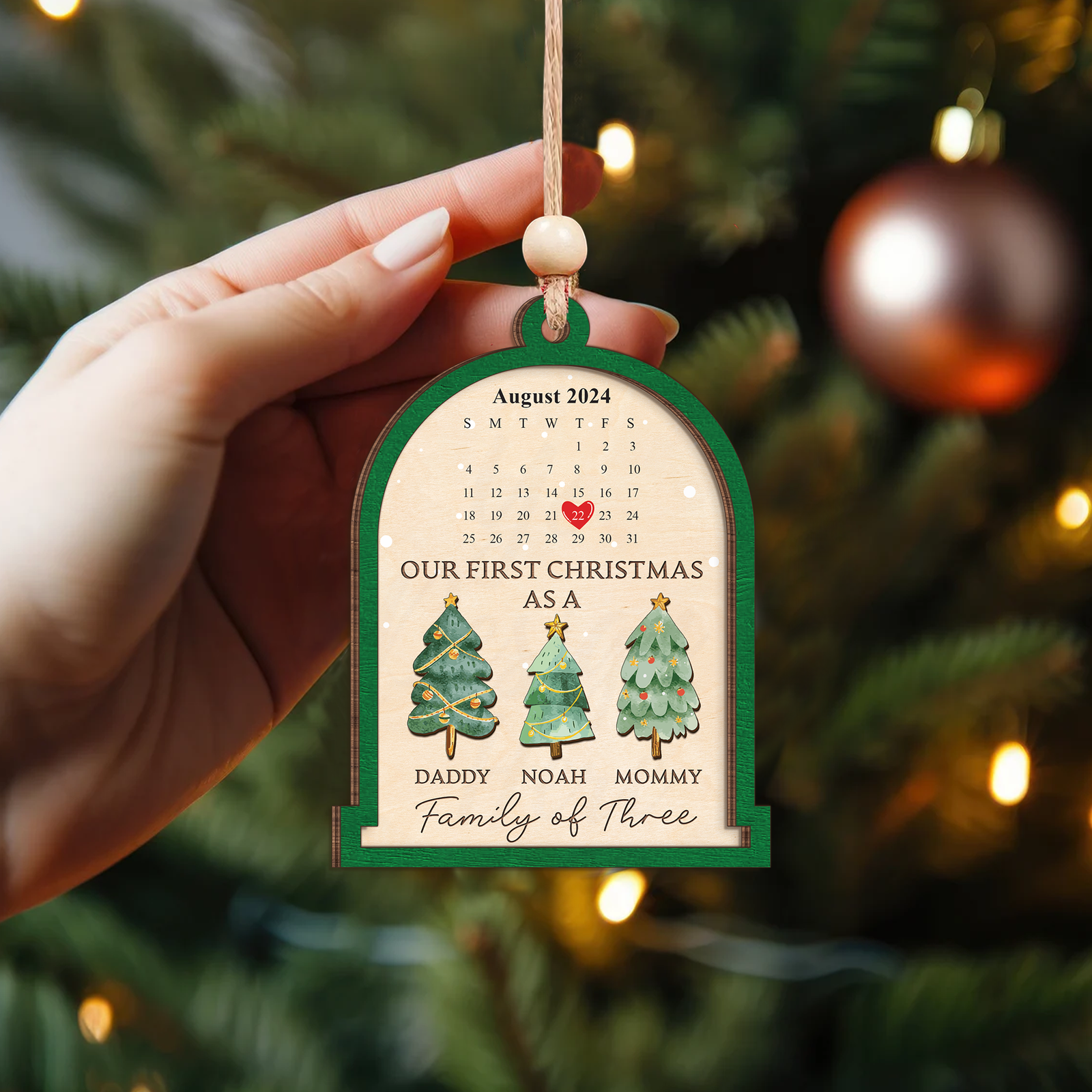 Personalized Family Of Three Christmas Ornament, Baby's First Christmas Ornament Wooden 2 Layers CF504 - Kindlytoys