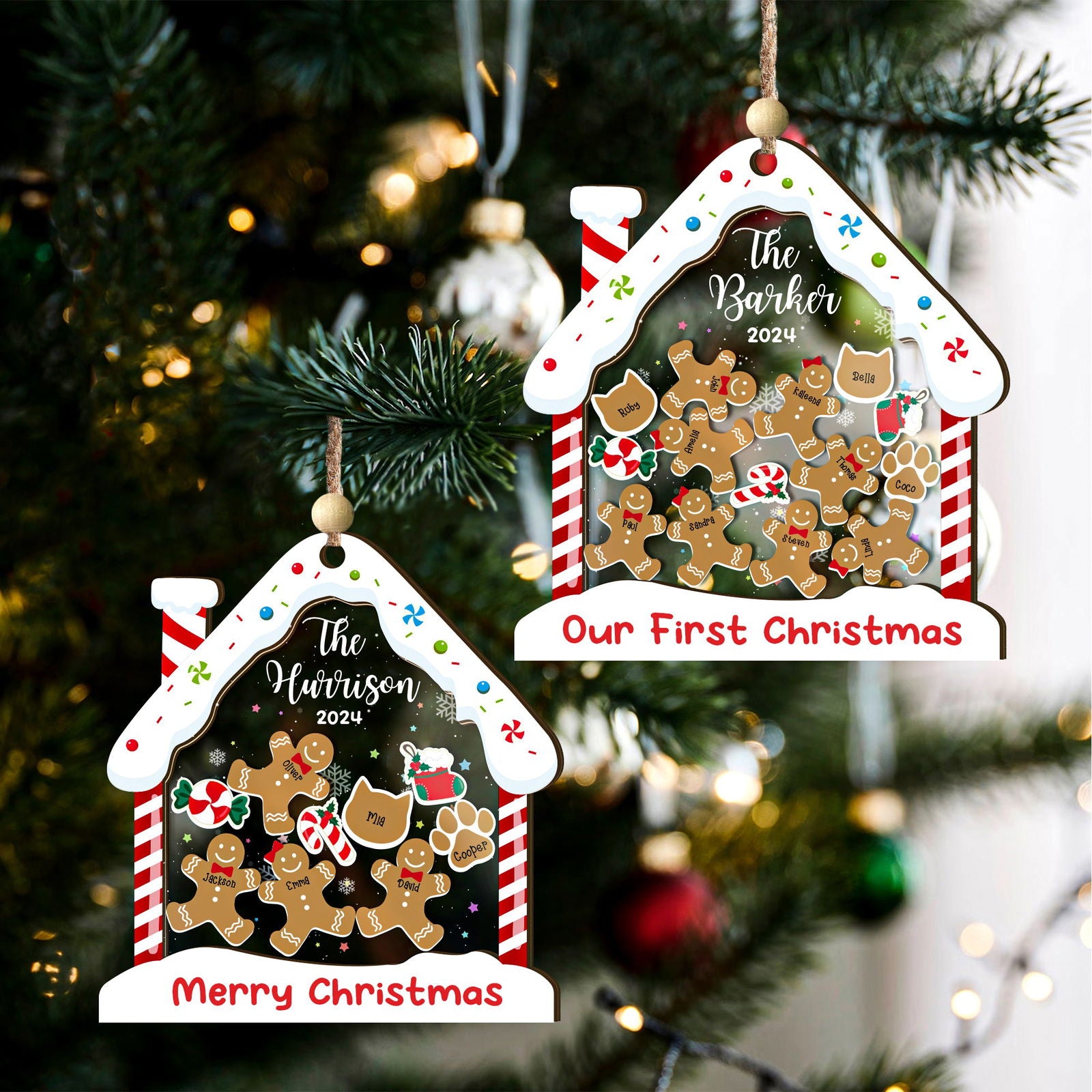 Personalized Family Ornaments With Pets, 2 Layers Shaker Ornament with Gingerbread Family and Pets CF119 - Kindlytoys