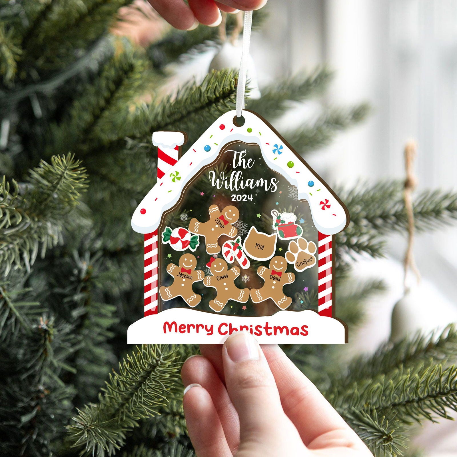 Personalized Family Ornaments With Pets, 2 Layers Shaker Ornament with Gingerbread Family and Pets CF119 - Kindlytoys
