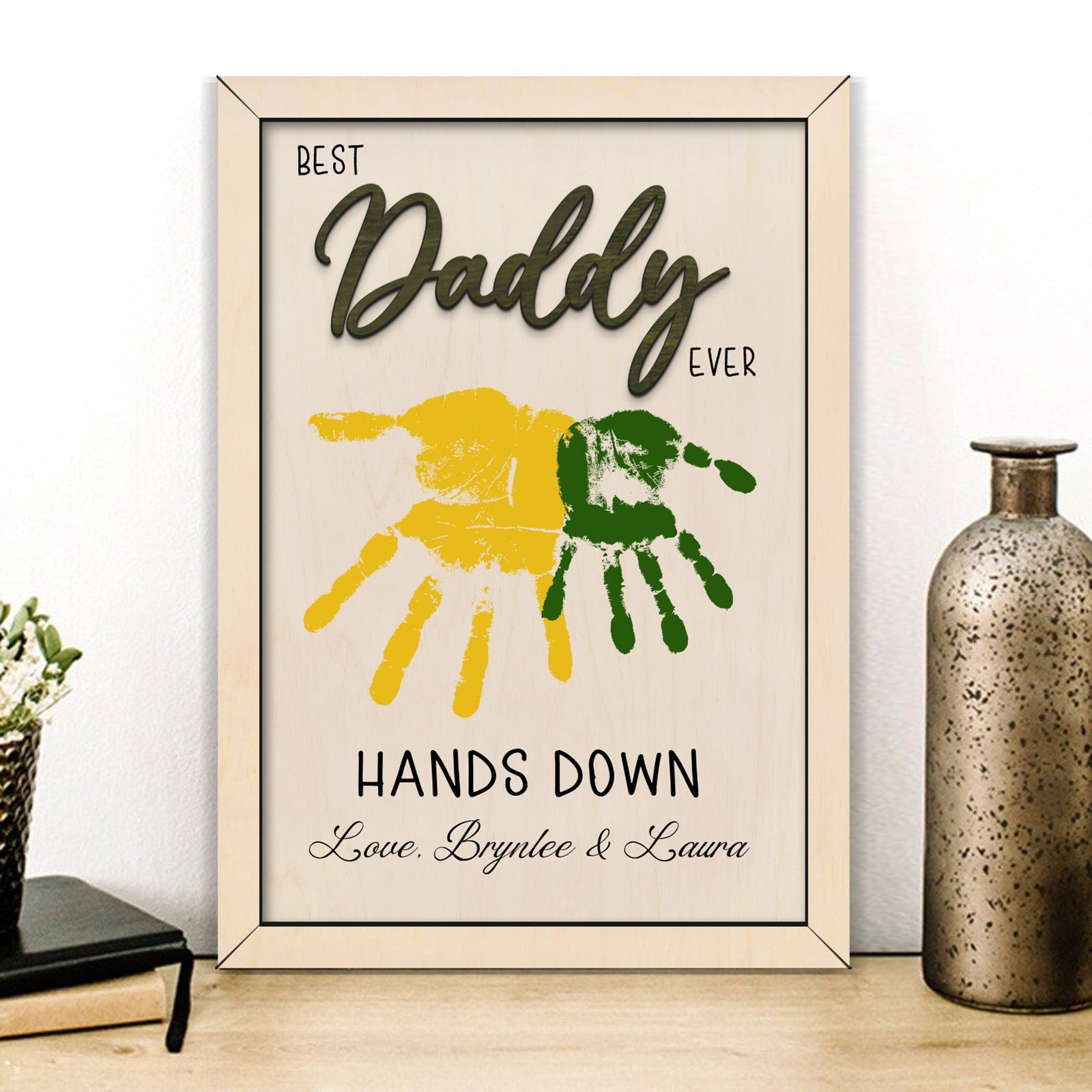 Personalized Fathers Handprint Sign, DIY Best Dad Ever Hand Down Sign, Gift ideas for dad, Best Daddy Hands Down Wooden Sign FF21 - Kindlytoys
