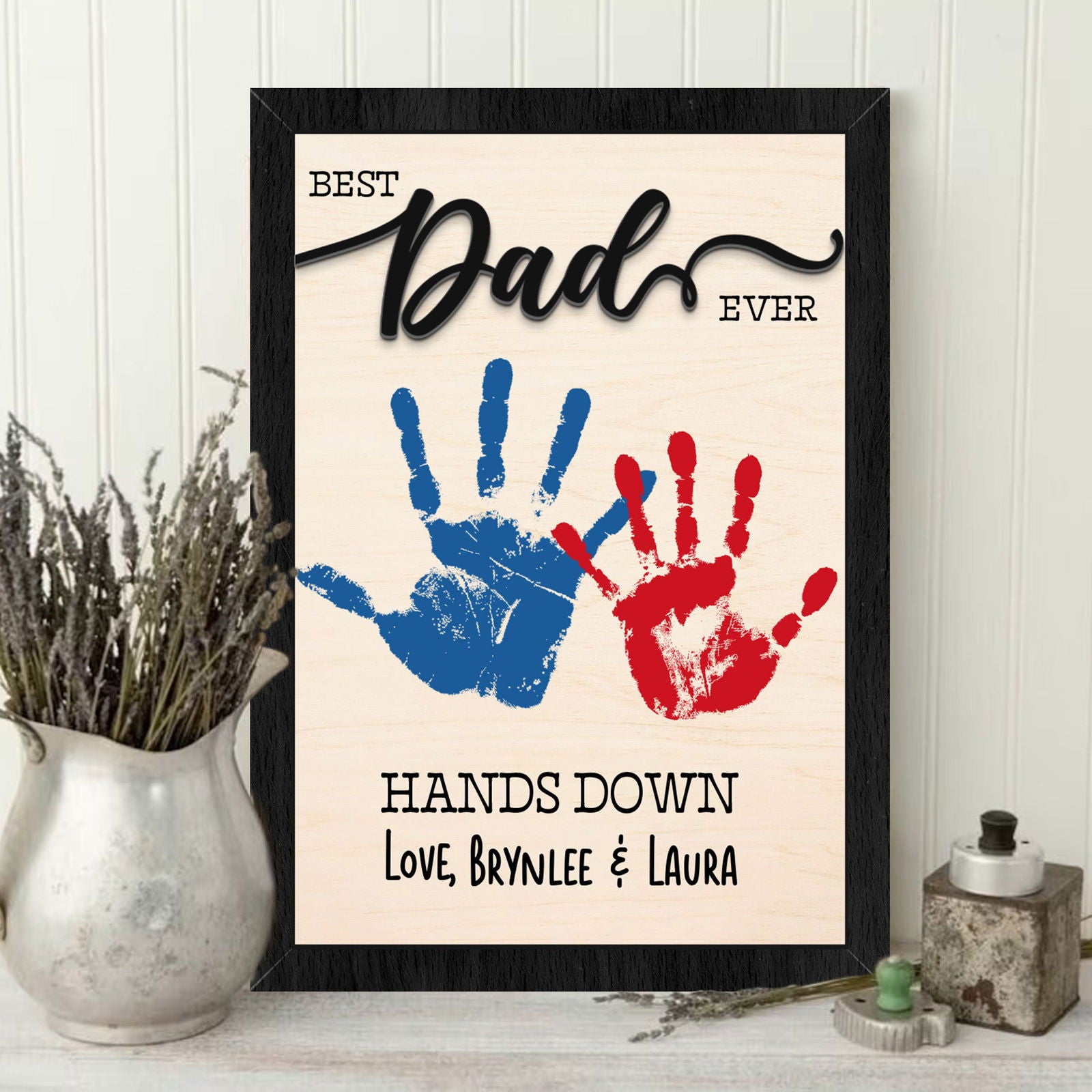 Personalized Fathers Handprint Sign, DIY Best Dad Ever Hand Down Sign, Gift ideas for dad, Best Daddy Hands Down Wooden Sign FF21 - Kindlytoys