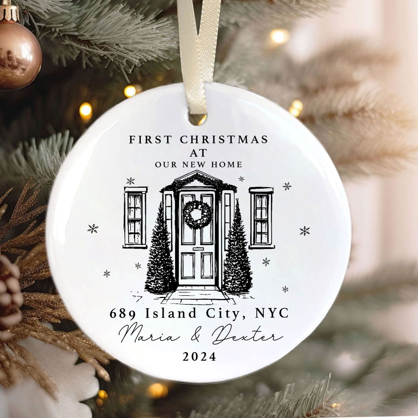 Personalized First Christmas in New Home Ornament - Custom Ceramic Keepsake with Names, Address, and Year - 3x3 Inches Holiday Decor Gift CX02-1 - Kindlytoys