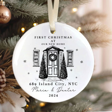 Personalized First Christmas in New Home Ornament - Custom Ceramic Keepsake with Names, Address, and Year - 3x3 Inches Holiday Decor Gift CX02-1 - Kindlytoys
