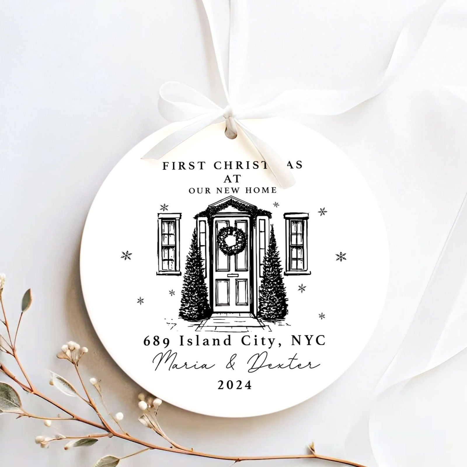 Personalized First Christmas in New Home Ornament - Custom Ceramic Keepsake with Names, Address, and Year - 3x3 Inches Holiday Decor Gift CX02-1 - Kindlytoys