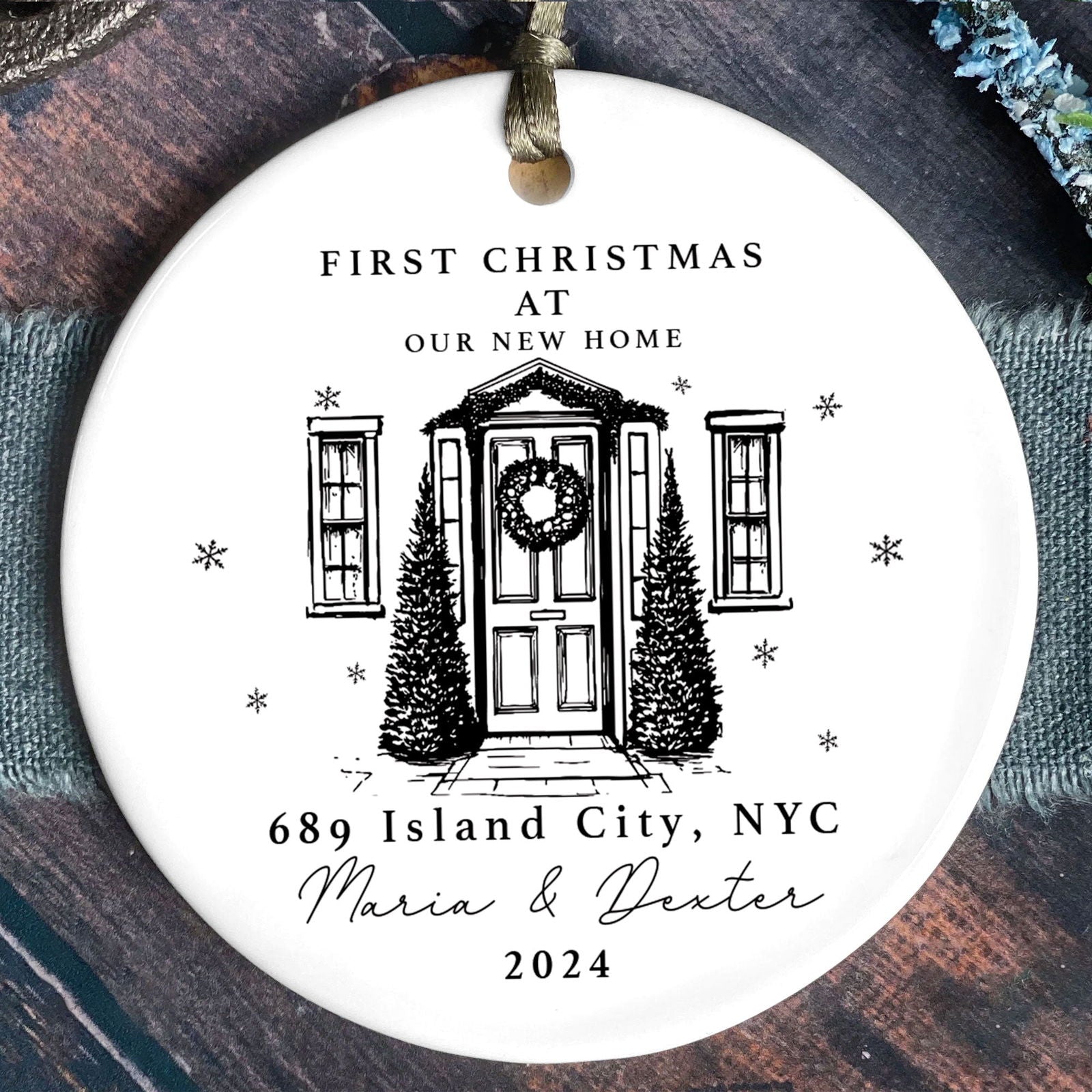 Personalized First Christmas in New Home Ornament - Custom Ceramic Keepsake with Names, Address, and Year - 3x3 Inches Holiday Decor Gift CX02-1 - Kindlytoys