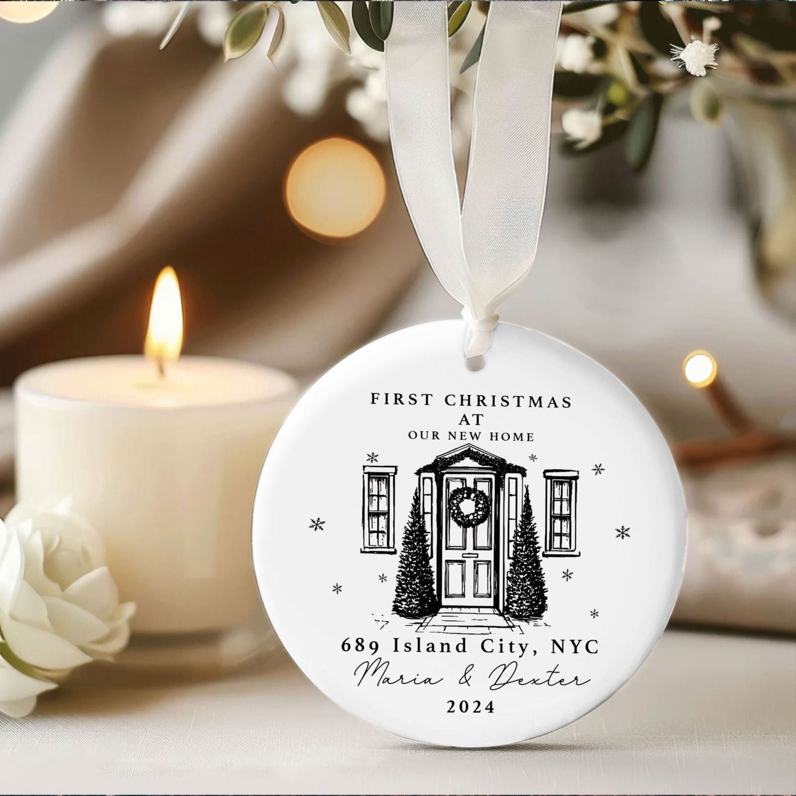 Personalized First Christmas in New Home Ornament - Custom Ceramic Keepsake with Names, Address, and Year - 3x3 Inches Holiday Decor Gift CX02-1 - Kindlytoys