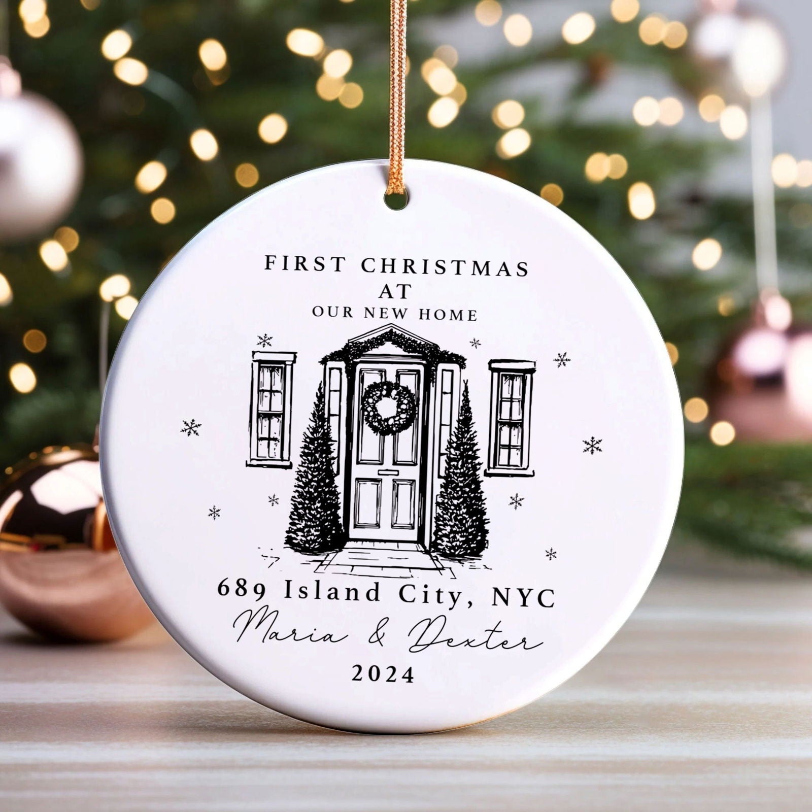 Personalized First Christmas in New Home Ornament - Custom Ceramic Keepsake with Names, Address, and Year - 3x3 Inches Holiday Decor Gift CX02-1 - Kindlytoys