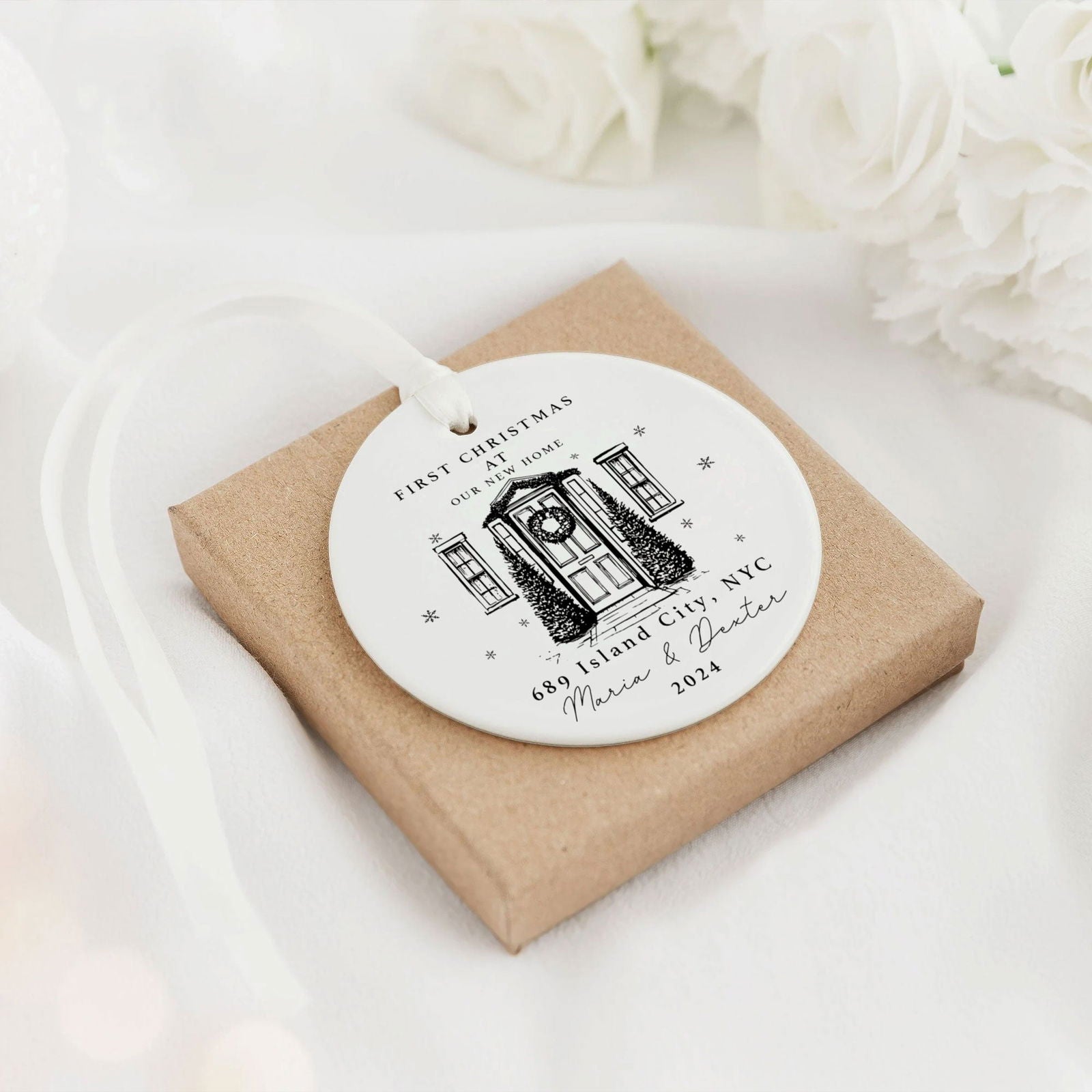 Personalized First Christmas in New Home Ornament - Custom Ceramic Keepsake with Names, Address, and Year - 3x3 Inches Holiday Decor Gift CX02-1 - Kindlytoys