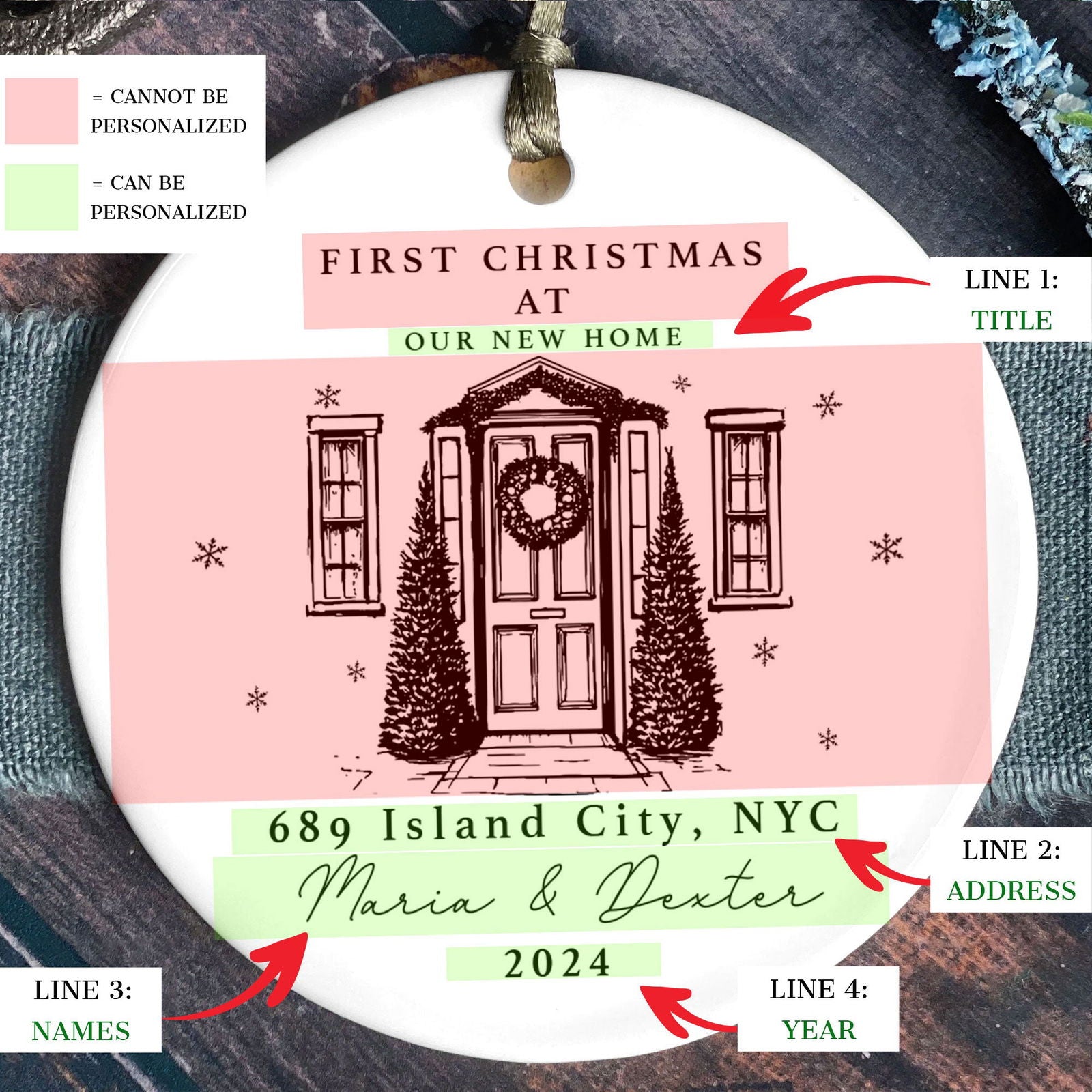 Personalized First Christmas in New Home Ornament - Custom Ceramic Keepsake with Names, Address, and Year - 3x3 Inches Holiday Decor Gift CX02-1 - Kindlytoys