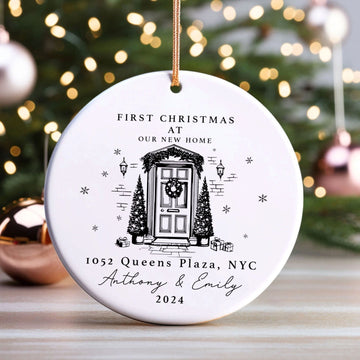 Personalized First Christmas in New Home Ornament - Custom Ceramic Keepsake with Names, Address, and Year - 3x3 Inches Holiday Decor Gift CX02-4 - Kindlytoys