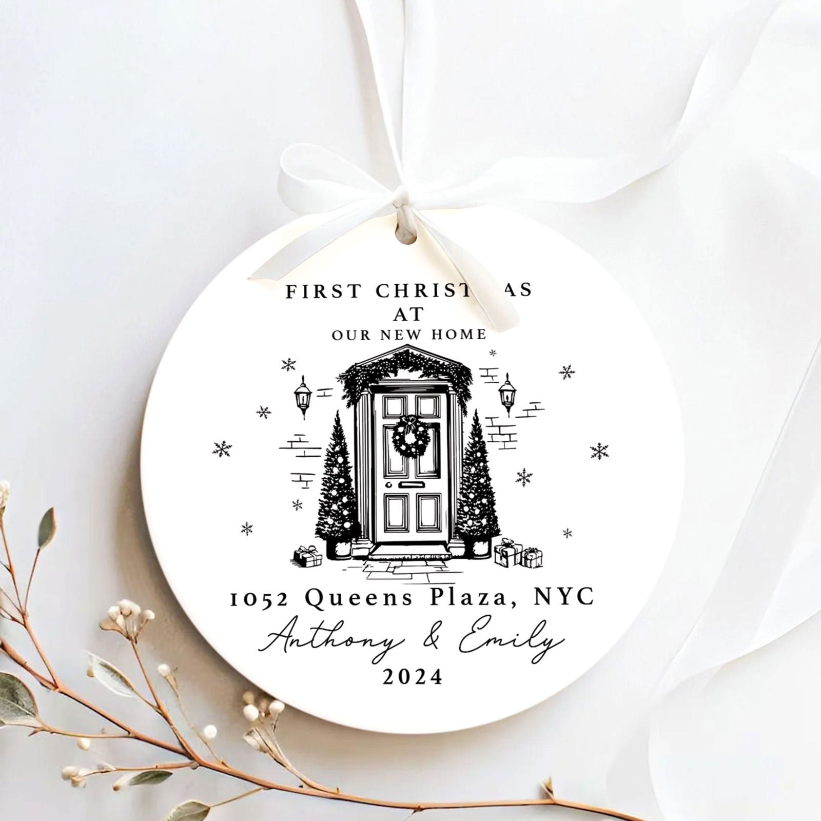 Personalized First Christmas in New Home Ornament - Custom Ceramic Keepsake with Names, Address, and Year - 3x3 Inches Holiday Decor Gift CX02-4 - Kindlytoys