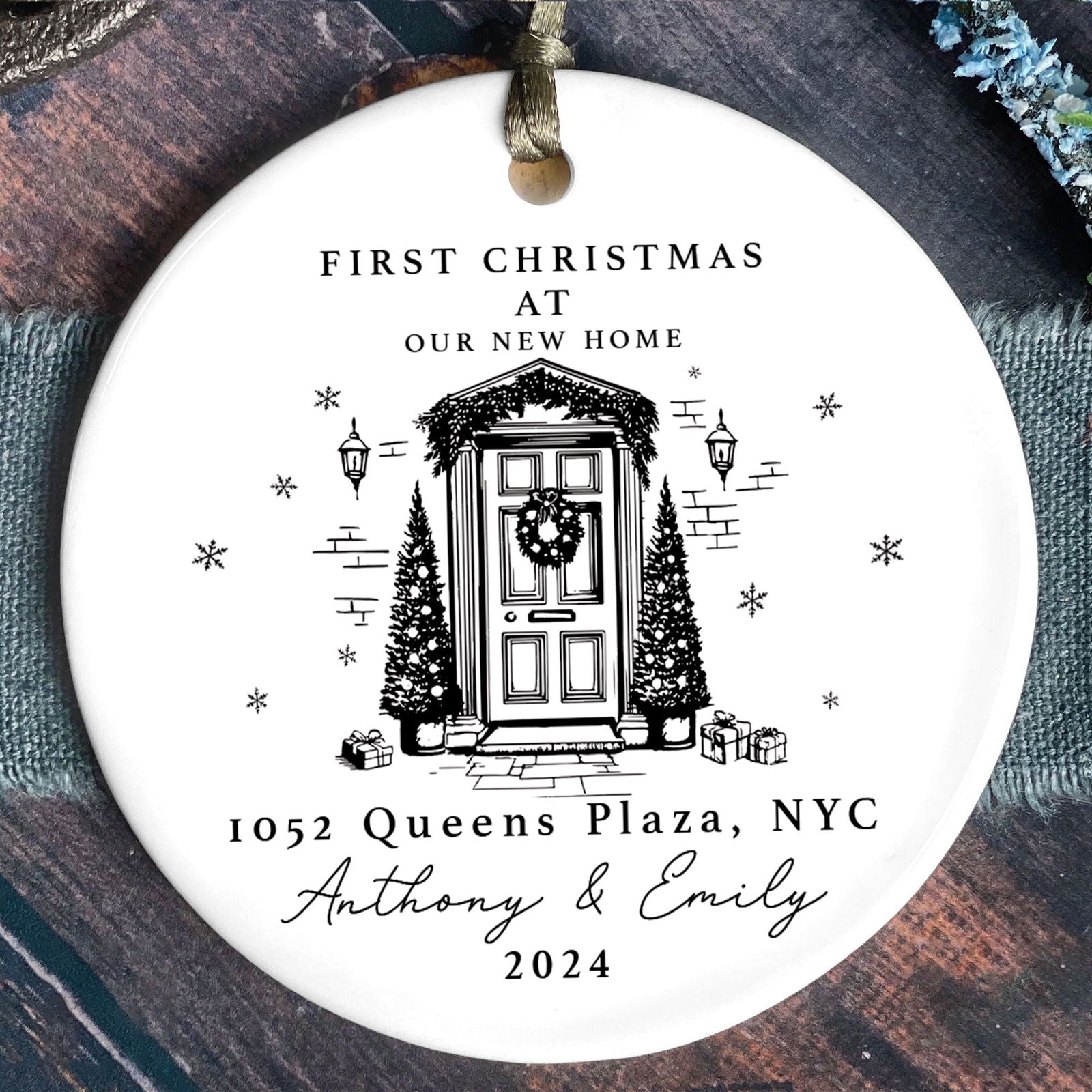 Personalized First Christmas in New Home Ornament - Custom Ceramic Keepsake with Names, Address, and Year - 3x3 Inches Holiday Decor Gift CX02-4 - Kindlytoys
