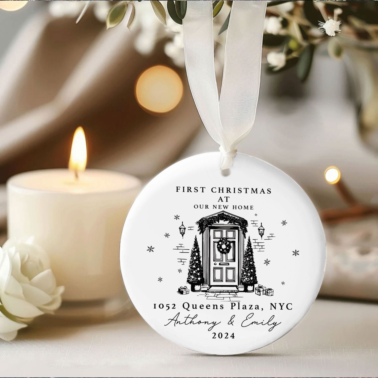 Personalized First Christmas in New Home Ornament - Custom Ceramic Keepsake with Names, Address, and Year - 3x3 Inches Holiday Decor Gift CX02-4 - Kindlytoys