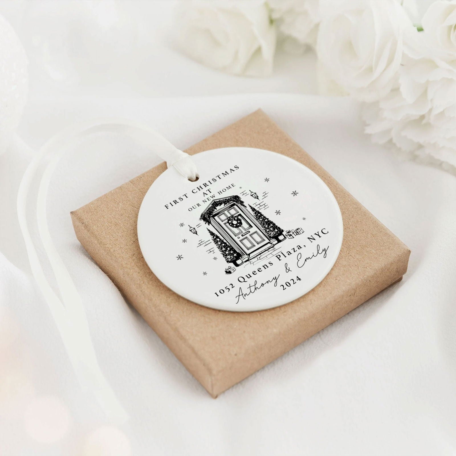 Personalized First Christmas in New Home Ornament - Custom Ceramic Keepsake with Names, Address, and Year - 3x3 Inches Holiday Decor Gift CX02-4 - Kindlytoys