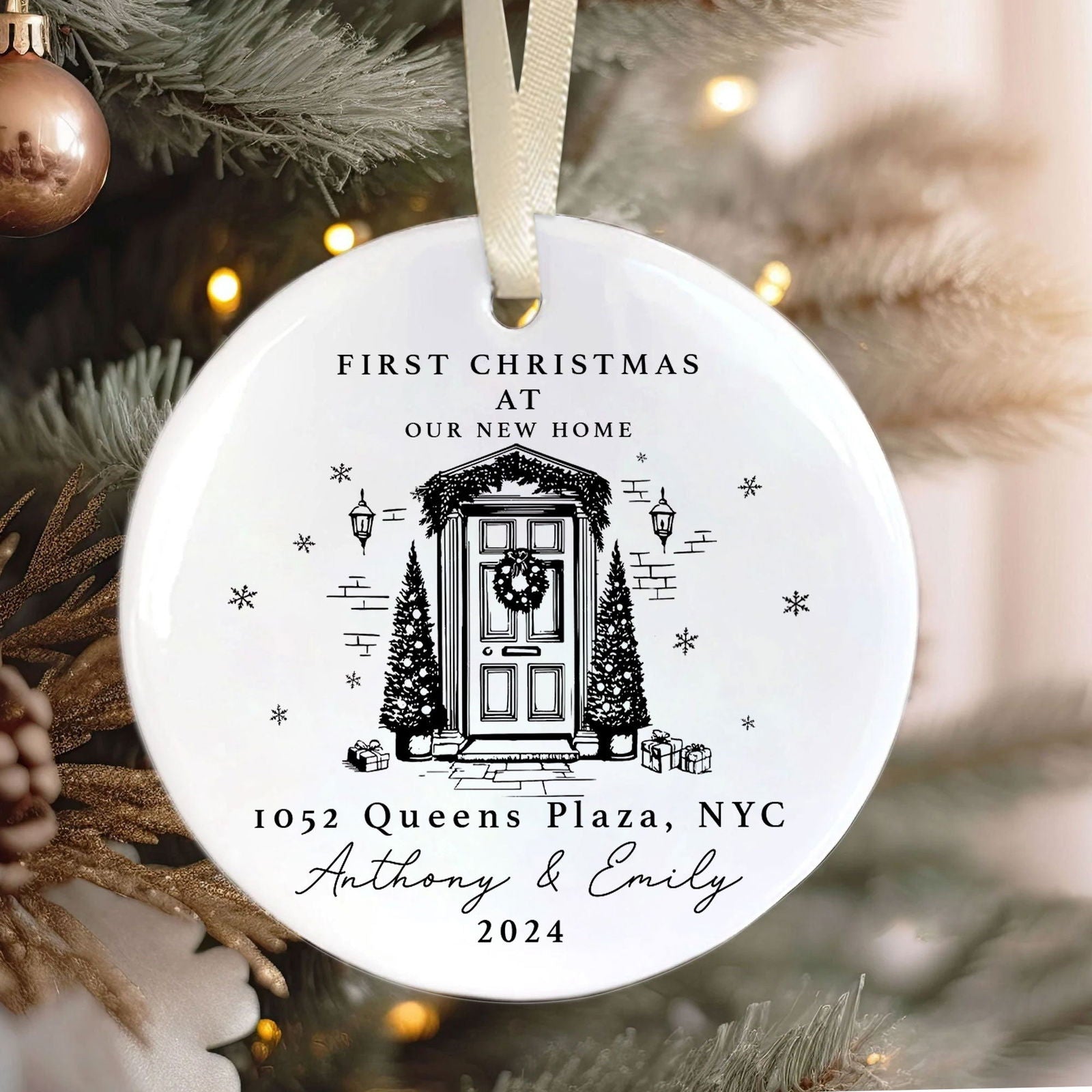 Personalized First Christmas in New Home Ornament - Custom Ceramic Keepsake with Names, Address, and Year - 3x3 Inches Holiday Decor Gift CX02-4 - Kindlytoys