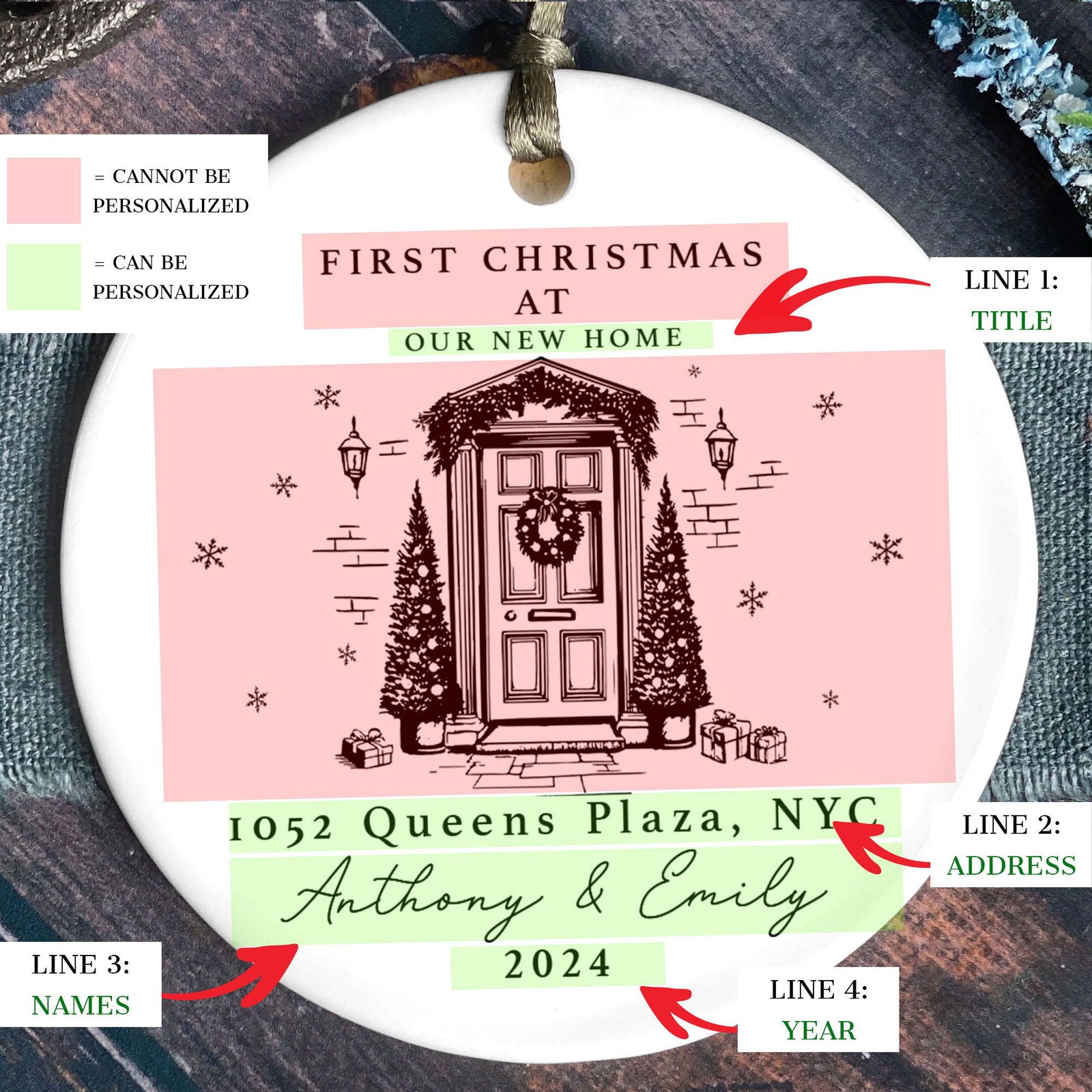 Personalized First Christmas in New Home Ornament - Custom Ceramic Keepsake with Names, Address, and Year - 3x3 Inches Holiday Decor Gift CX02-4 - Kindlytoys