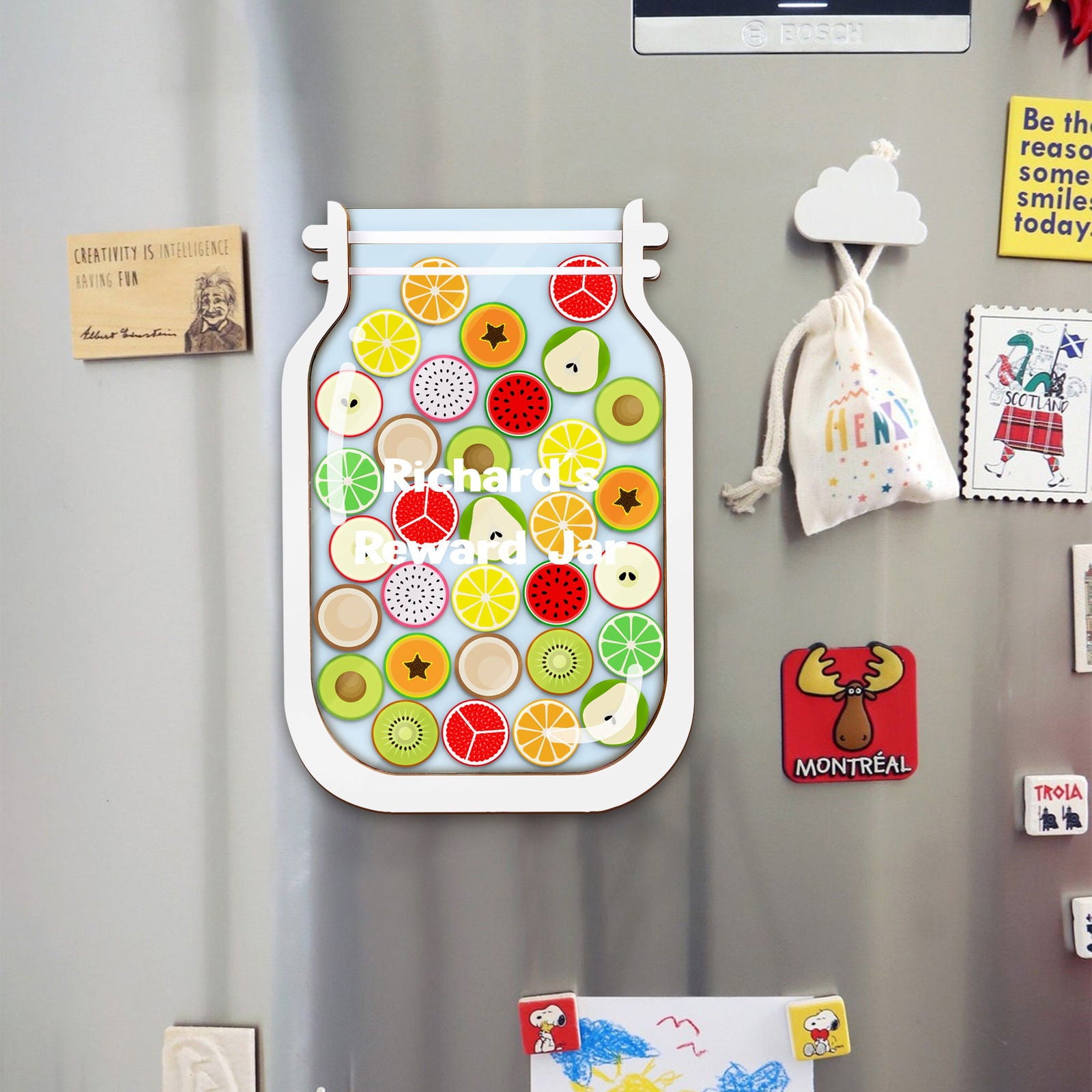 Personalized Fruit Reward Jar, Custom Reward Jar with Tokens, Classroom Teacher Star Jar Chore Chart. Gifts for Kids, Fridge Wood and Acrylic Printed Personalized Name PY13 - Kindlytoys