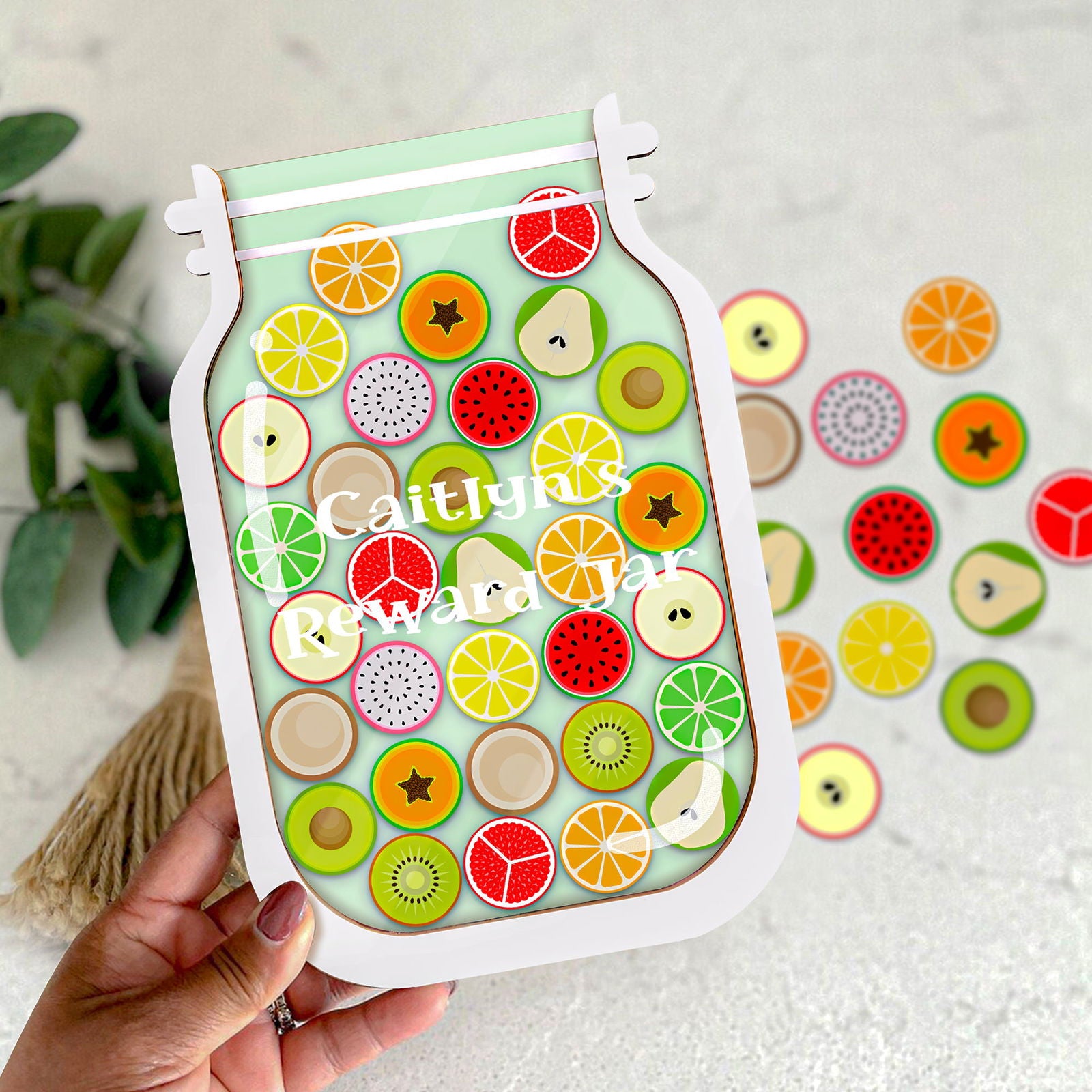 Personalized Fruit Reward Jar, Custom Reward Jar with Tokens, Classroom Teacher Star Jar Chore Chart. Gifts for Kids, Fridge Wood and Acrylic Printed Personalized Name PY13 - Kindlytoys