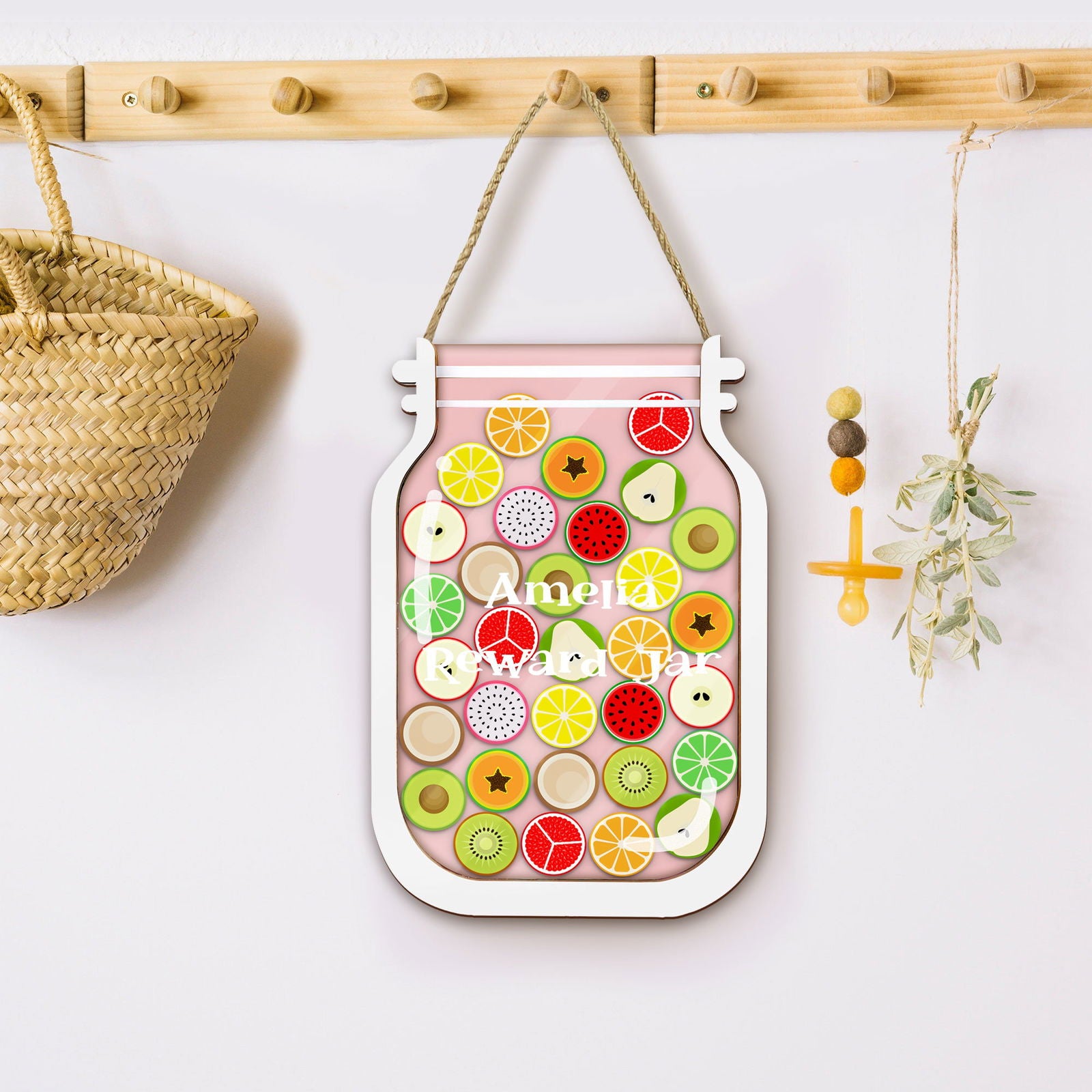 Personalized Fruit Reward Jar, Custom Reward Jar with Tokens, Classroom Teacher Star Jar Chore Chart. Gifts for Kids, Fridge Wood and Acrylic Printed Personalized Name PY13 - Kindlytoys