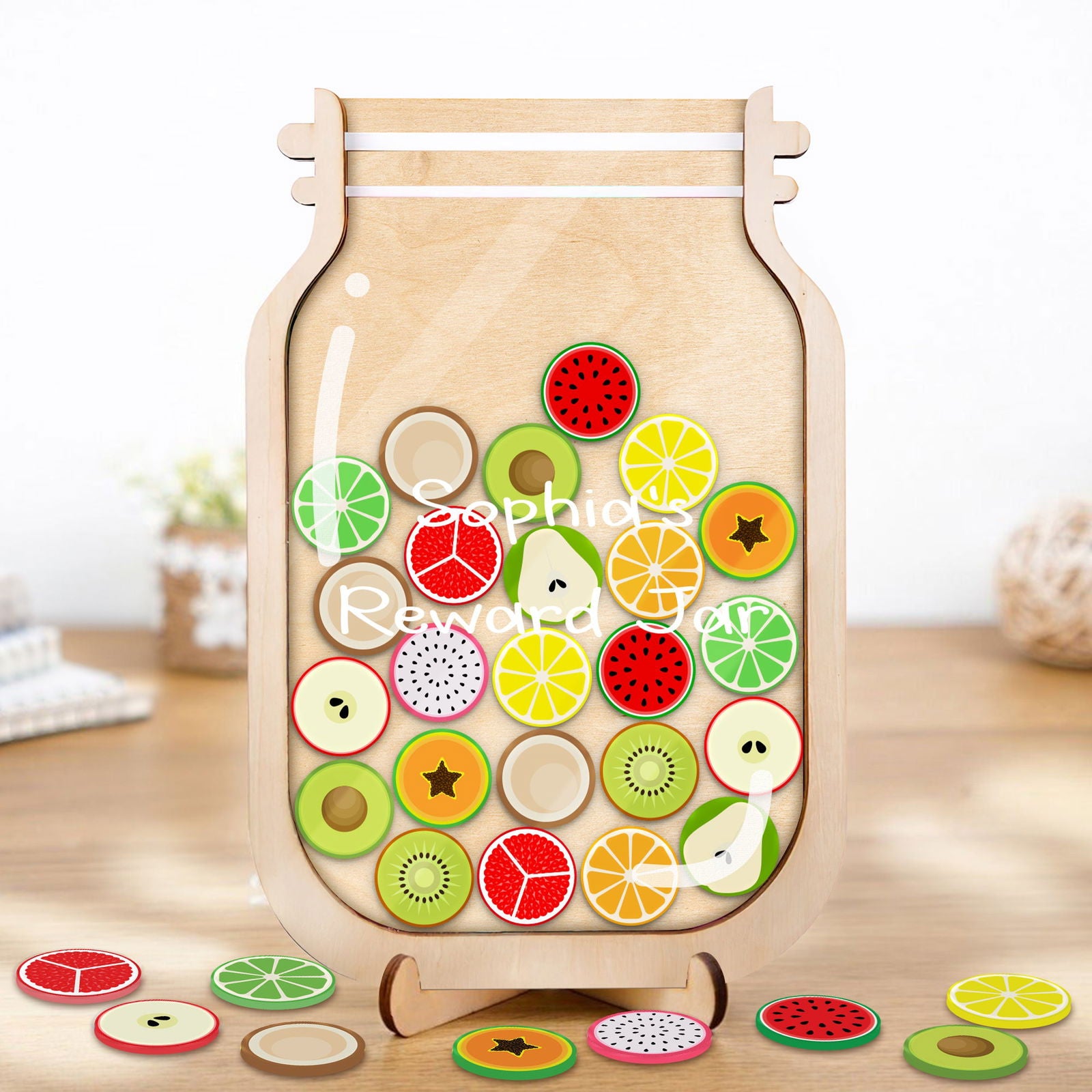 Personalized Fruit Reward Jar, Custom Reward Jar with Tokens, Classroom Teacher Star Jar Chore Chart. Gifts for Kids, Fridge Wood and Acrylic Printed Personalized Name PY13 - Kindlytoys