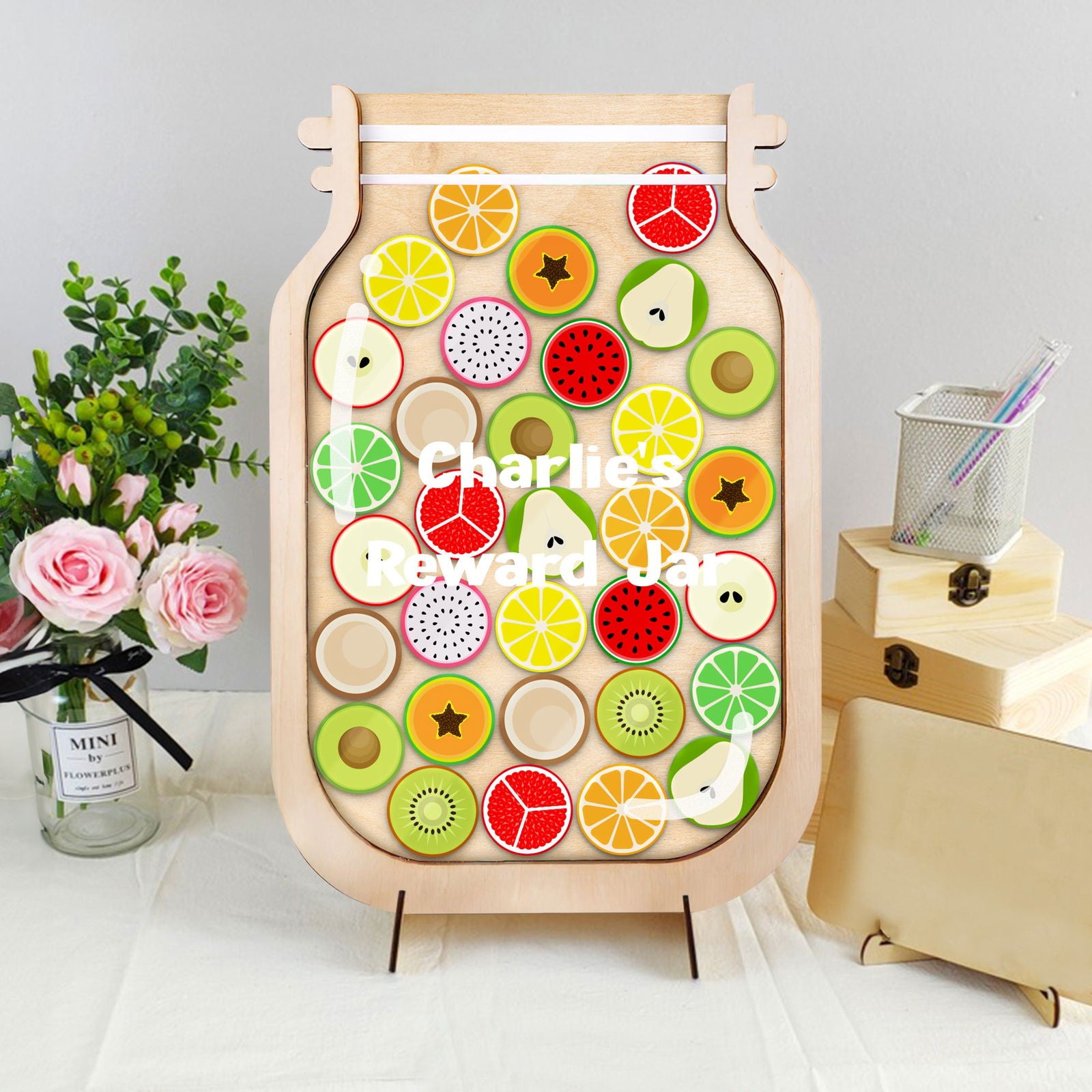 Personalized Fruit Reward Jar, Custom Reward Jar with Tokens, Classroom Teacher Star Jar Chore Chart. Gifts for Kids, Fridge Wood and Acrylic Printed Personalized Name PY13 - Kindlytoys