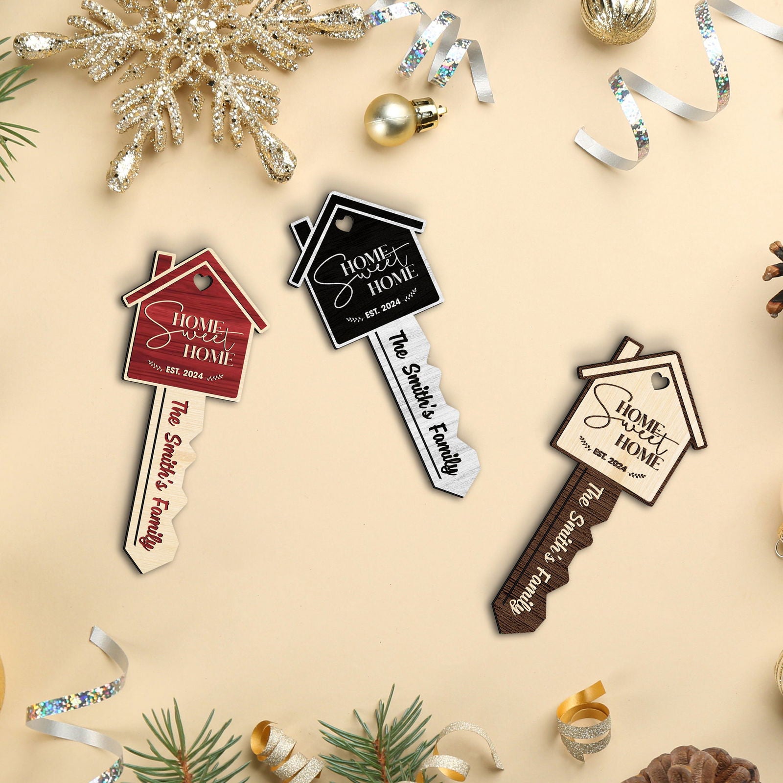 Personalized Home Sweet Home Wood Key Ornament, Housewarming Gift Christmas Ornament CF157 - Kindlytoys