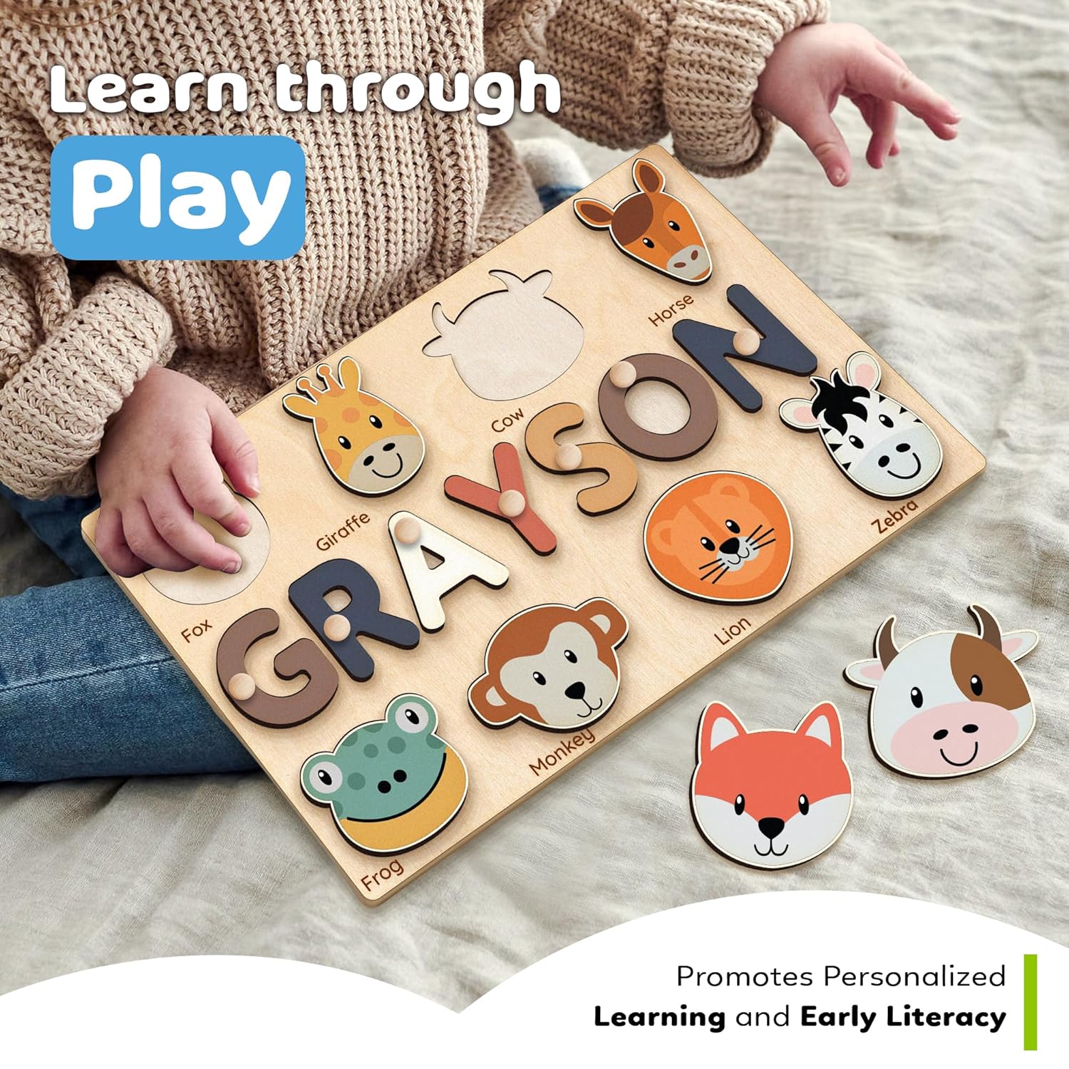 Personalized Name Puzzle With Animals, Wooden Montessori Toys NP32 - Kindlytoys