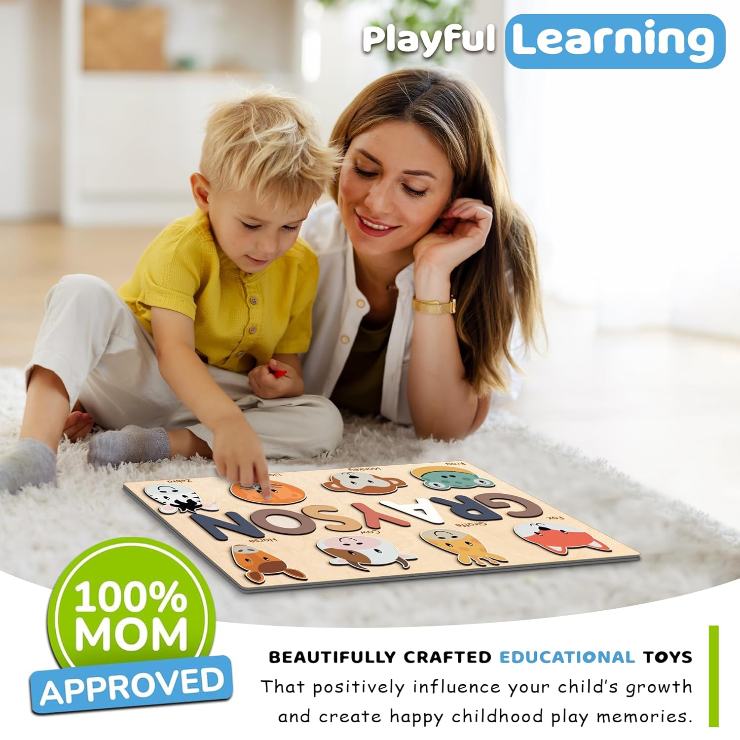 Personalized Name Puzzle With Animals, Wooden Montessori Toys NP32 - Kindlytoys