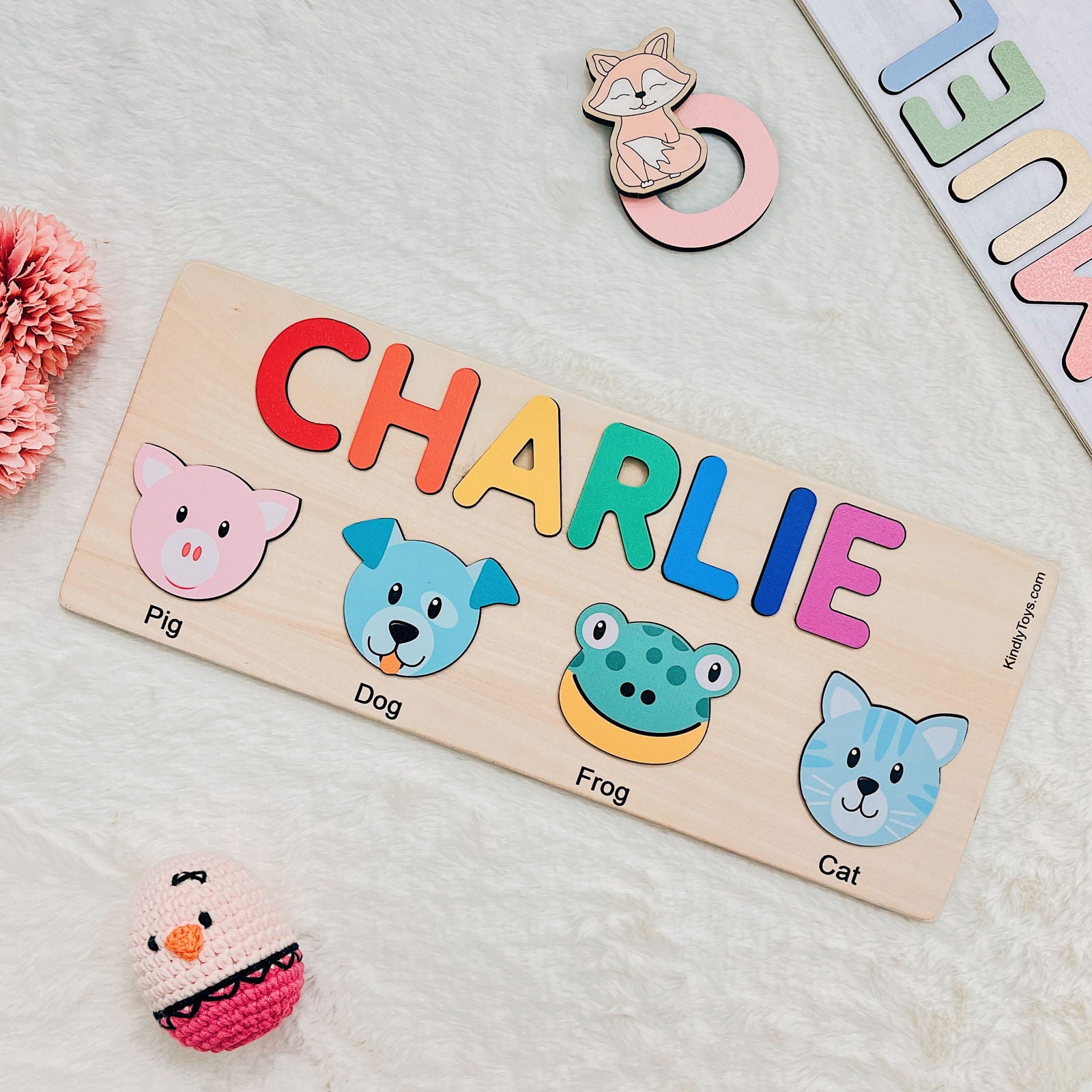 Personalized Name Puzzle With Animals, Wooden Montessori Toys NP32 - Kindlytoys