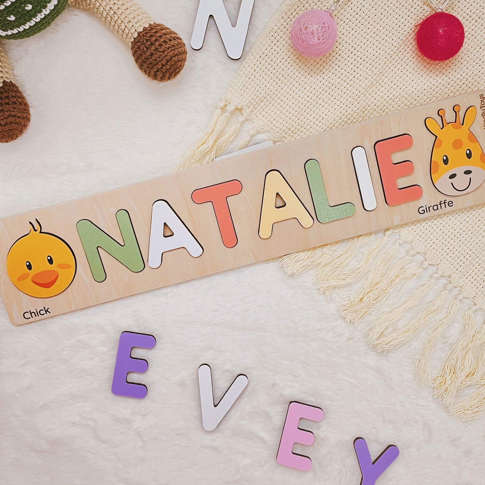 Personalized Name Puzzle With Animals, Wooden Montessori Toys NP32 - Kindlytoys