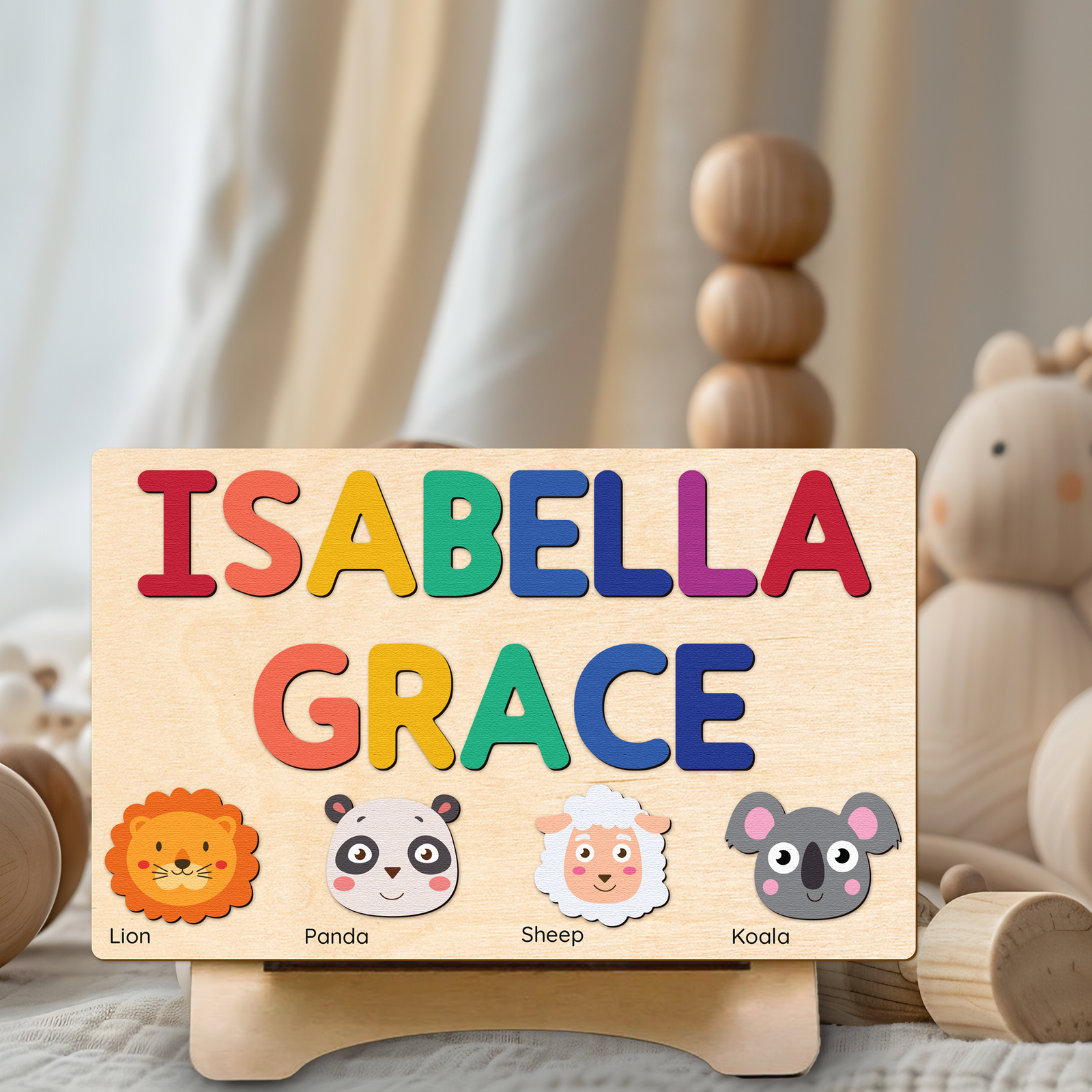Personalized Name Puzzle With Animals, Wooden Montessori Toys NP32 - Kindlytoys
