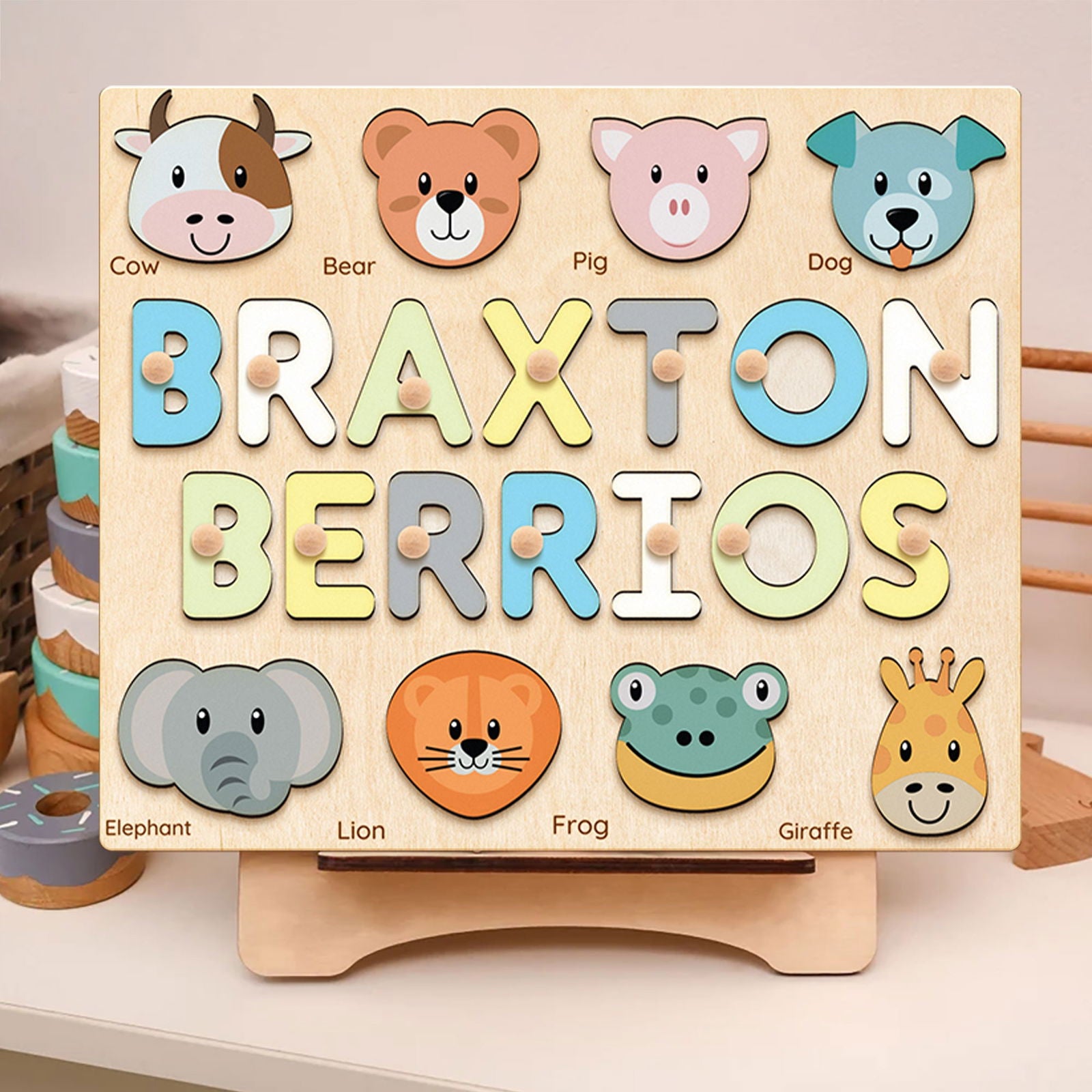 Personalized Name Puzzle With Animals, Wooden Montessori Toys NP32 - Kindlytoys