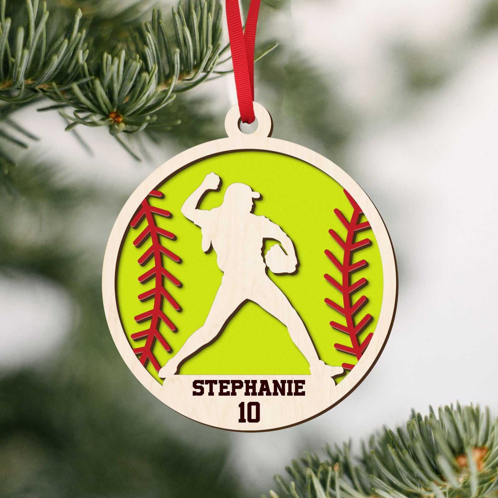 Personalized Softball Ornament, Custom Softball Wood Ornament 2 Layered CF425 - Kindlytoys