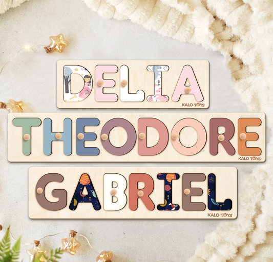 Personalized Wooden Name Puzzle with Unique Themed Designs, Montessori Toddler Puzzle for 1-3 Year Olds, Customizable Puzzle Board for Kids | KindlyToys NP41 - Kindlytoys