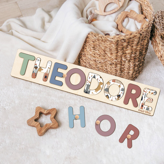 Personalized Wooden Name Puzzle with Unique Themed Designs, Montessori Toddler Puzzle for 1-3 Year Olds, Customizable Puzzle Board for Kids | KindlyToys NP41 - Kindlytoys
