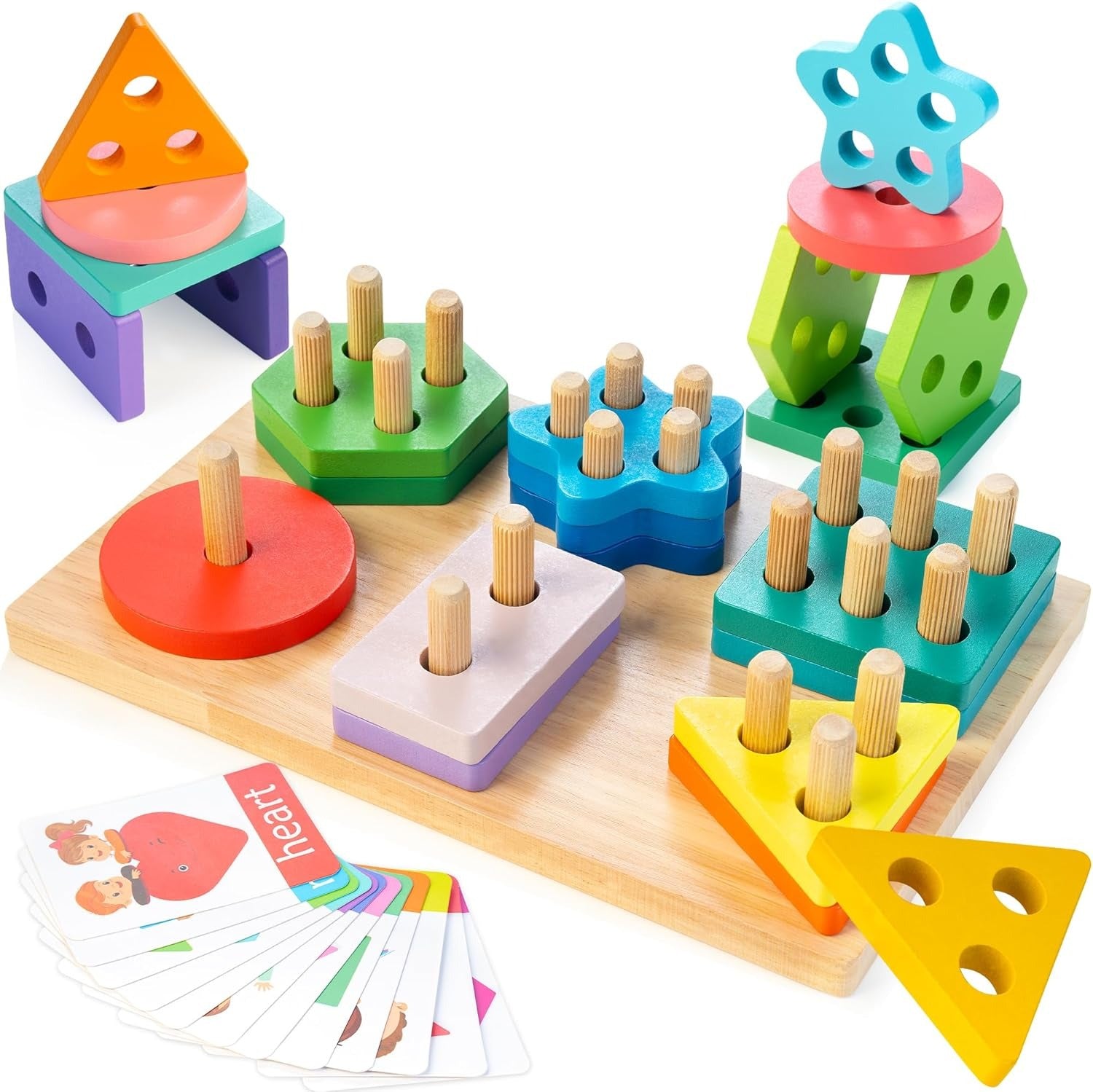 Wooden Baby Shape Sorter Toy, Stacking Toys for 1-3 Year Old Baby, Montessori Puzzles and Sensory Toys, Learning Building Blocks for Toddlers