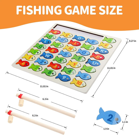 Wooden Magnetic Fishing Game for Toddlers, Montessori Fine Motor Skills Toy with Letters and Numbers, Preschool Learning ABC and Puzzle Educational Toys Gift for 3 4 5+ Year Old Kids(2 Poles)