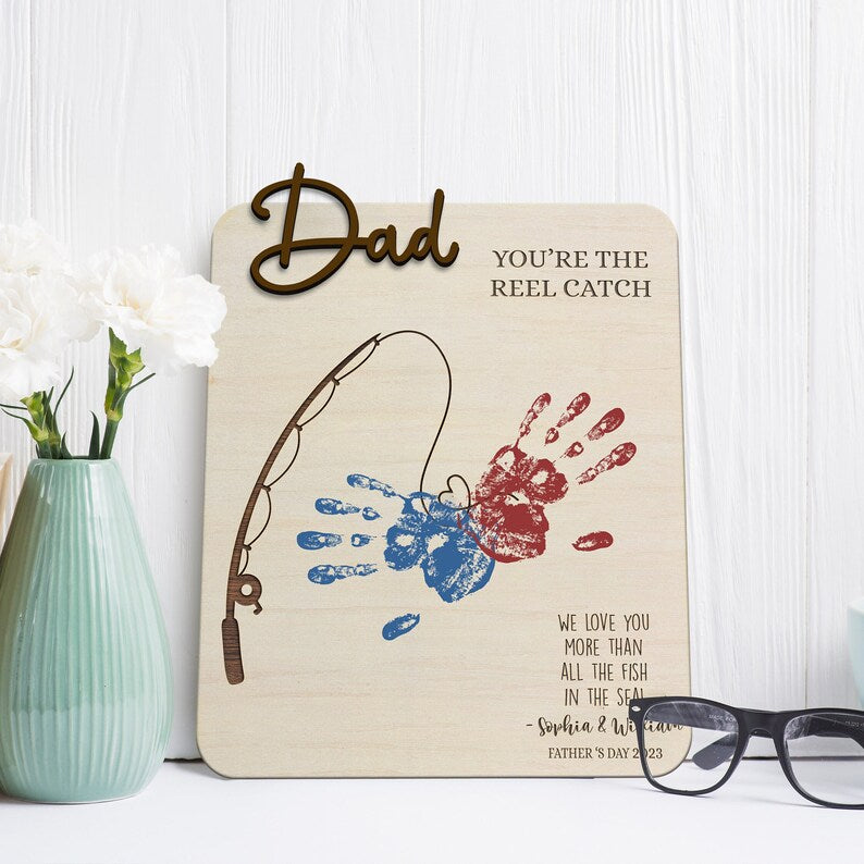 Fishing Wooden Handprint Board, Fathers Day Gift, Handprint Sign For Father's Day