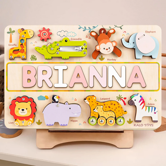 Personalized Safari Name Puzzle Busy Board, Montessori Wooden Toys, Baby Girl- Boy Toys, Gift for Kid, First Birthday Gift, Girl Toy NP58