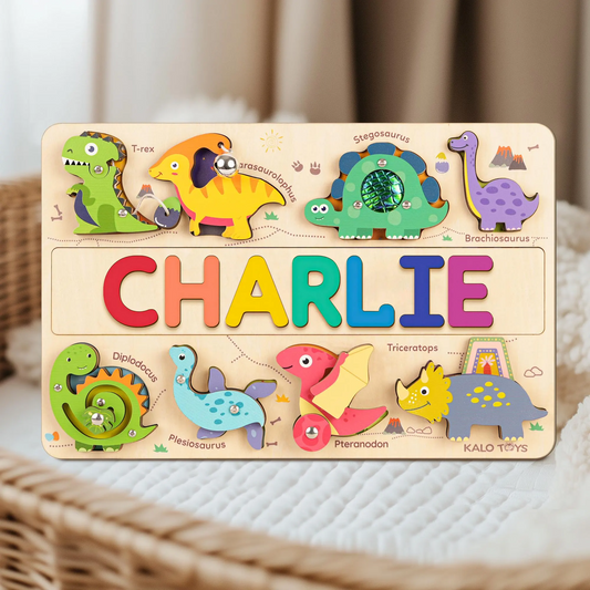 Personalized Dino Name Puzzle Busy Board, Wooden Montessori Toys, Baby Gift, Baby Girl- Boy Toys, Gift for Kid, First Birthday Gift NP59