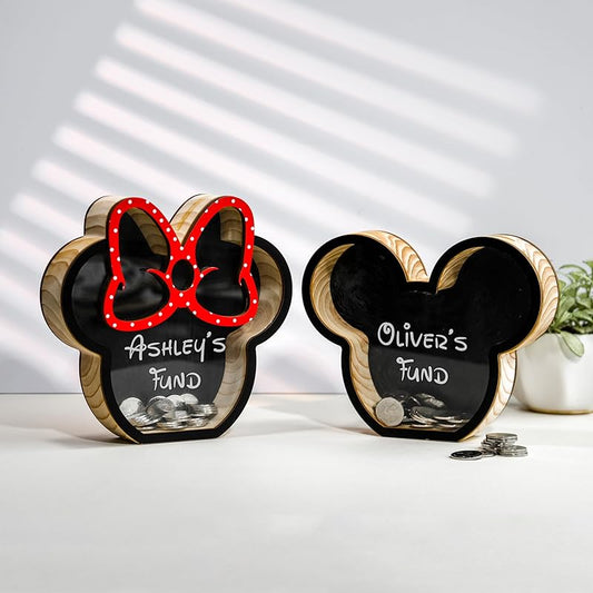 Personalized Mickey And Minnie Piggy Bank, See-Through Design, My First Piggy Bank For Boys & Girls - Kindlytoys