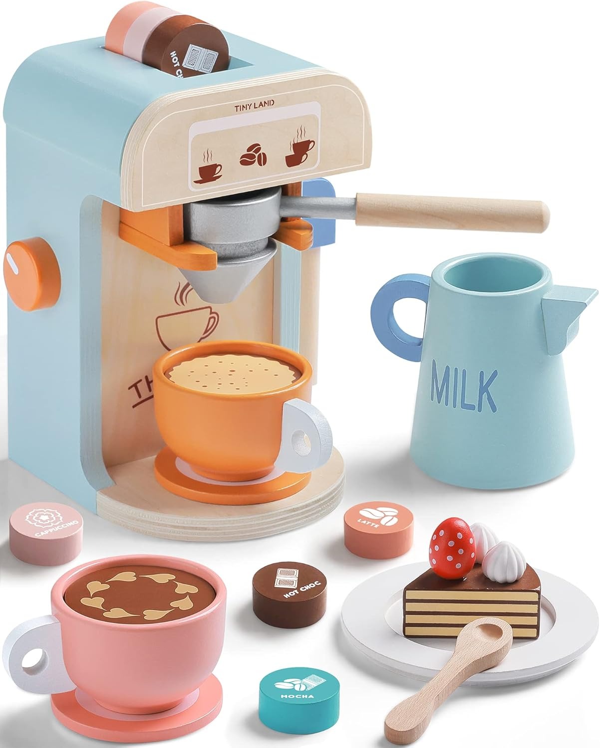 Kids Coffee Maker Wooden Kitchen Toys - 17Pcs Toy Coffee Maker Playset - Wooden Play Toys, Play Kitchen Accessories for Girls & Boys