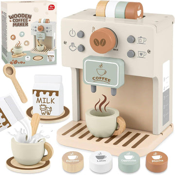 Coffee Maker for Kids Wooden Kitchen Accessories Pretend Play Toddler Coffee Playset for Girls Boys Ages 3 4 5 Years Birthday Gifts